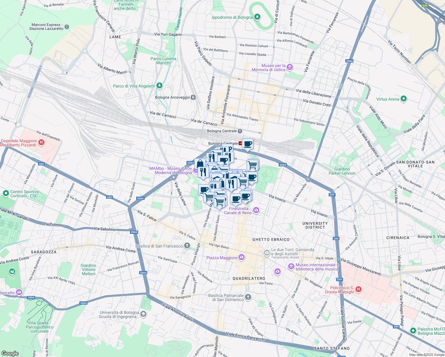 map of restaurants, bars, coffee shops, grocery stores, and more near 1 Piazza dei Martiri 1943 - 1945 in Bologna