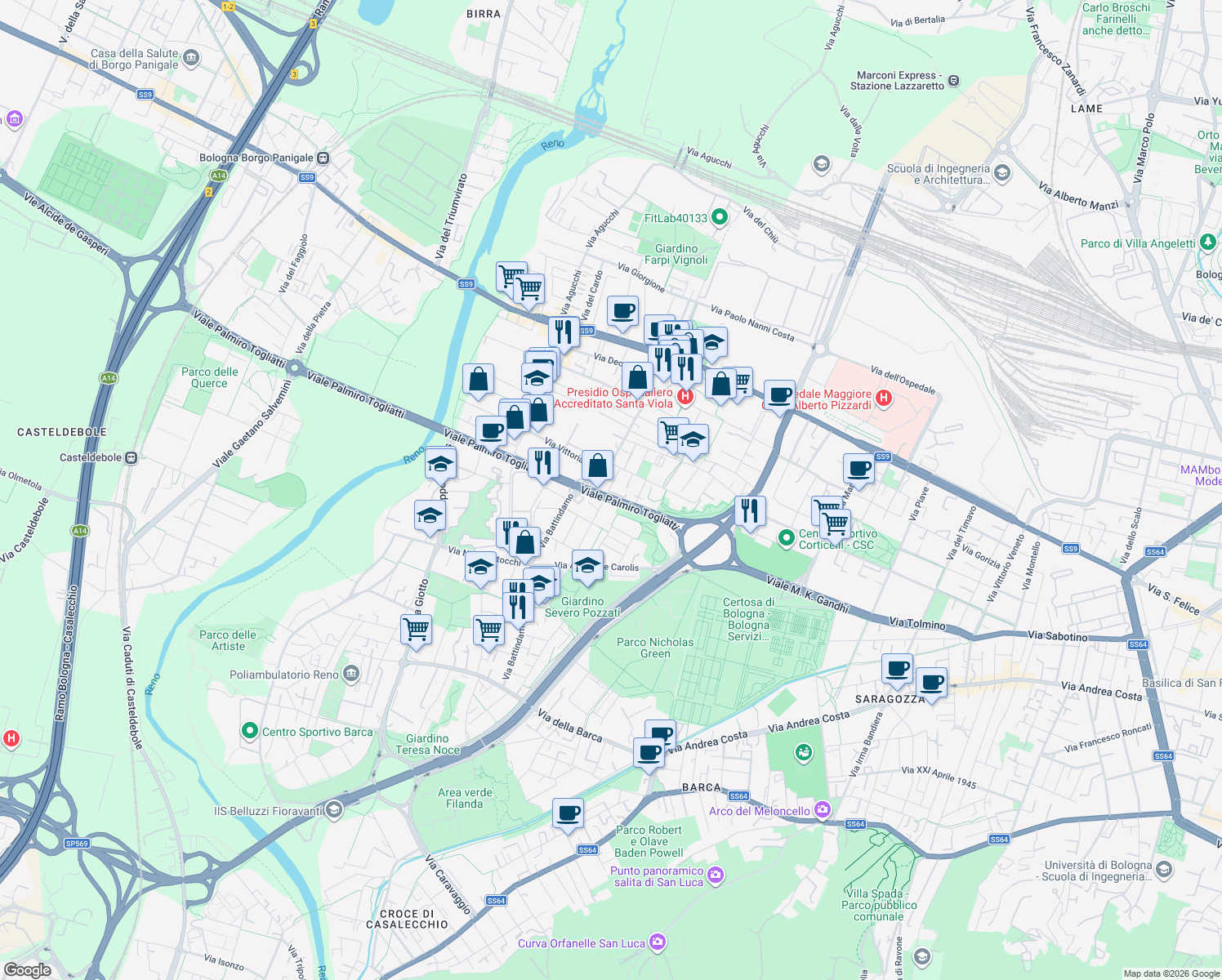 map of restaurants, bars, coffee shops, grocery stores, and more near 26 Via Dossi Dosso in Bologna