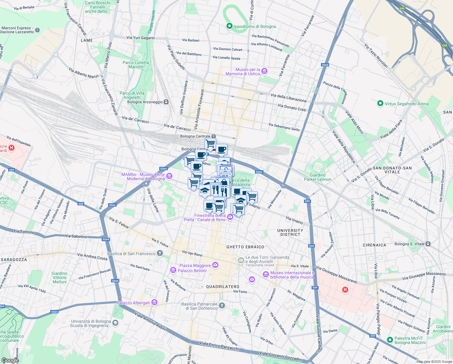 map of restaurants, bars, coffee shops, grocery stores, and more near 70 Via dell'Indipendenza in Bologna