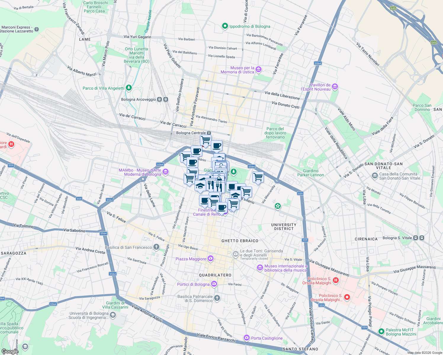 map of restaurants, bars, coffee shops, grocery stores, and more near 70 Via dell'Indipendenza in Bologna