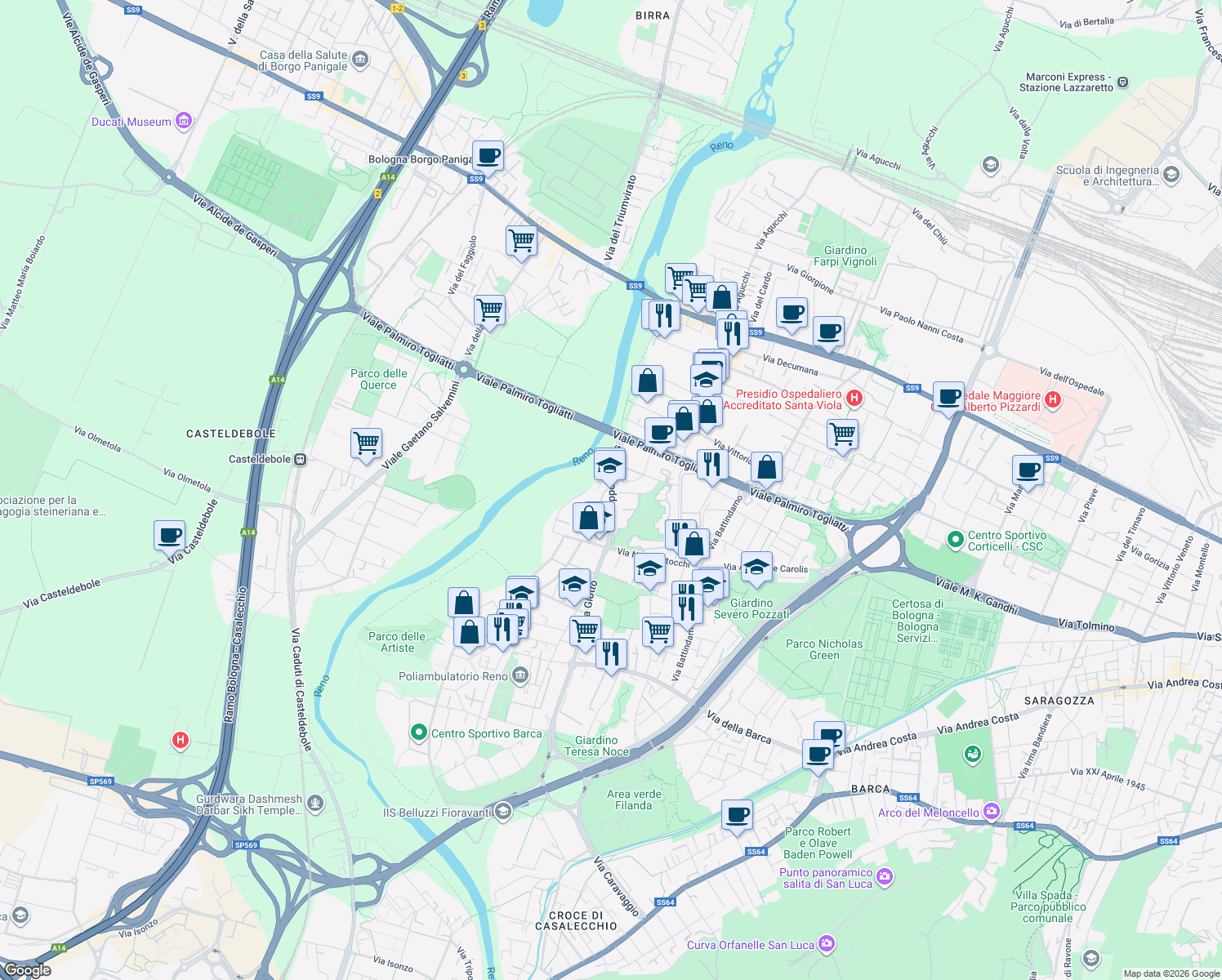 map of restaurants, bars, coffee shops, grocery stores, and more near 4 Via Umberto Boccioni in Bologna