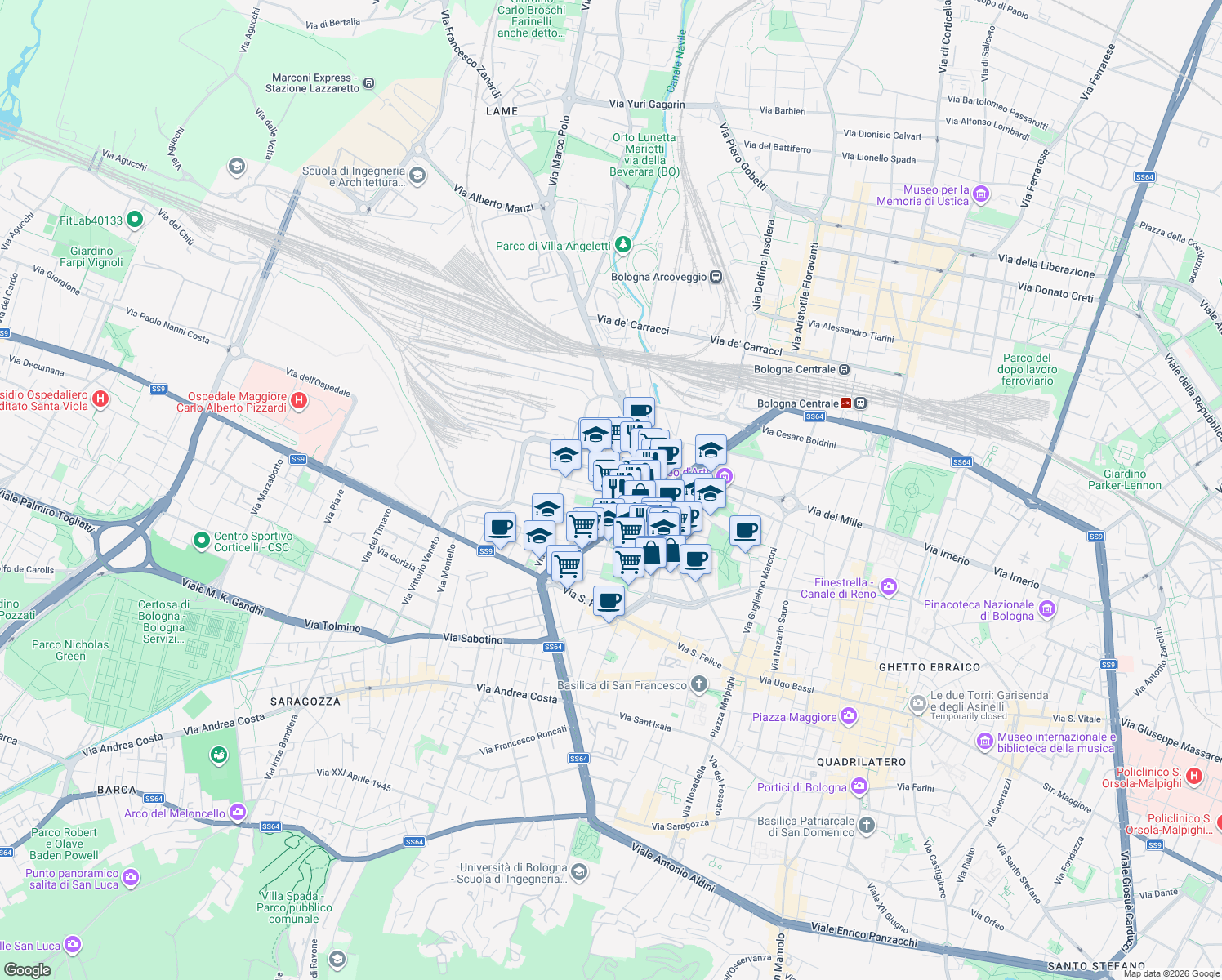 map of restaurants, bars, coffee shops, grocery stores, and more near 2 Viale Antonio Silvani in Bologna