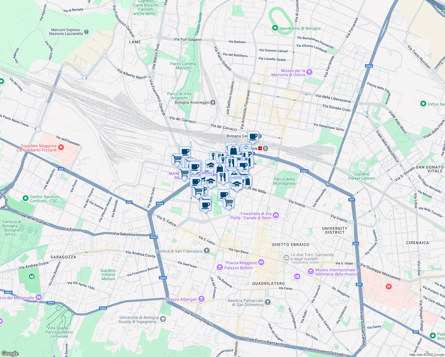 map of restaurants, bars, coffee shops, grocery stores, and more near 14-16 Via Don Giovanni Minzoni in Bologna