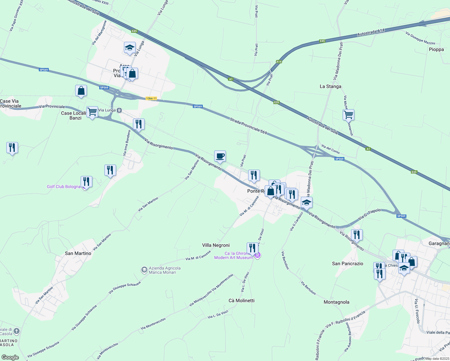 map of restaurants, bars, coffee shops, grocery stores, and more near 325 Via Risorgimento in Zola Predosa