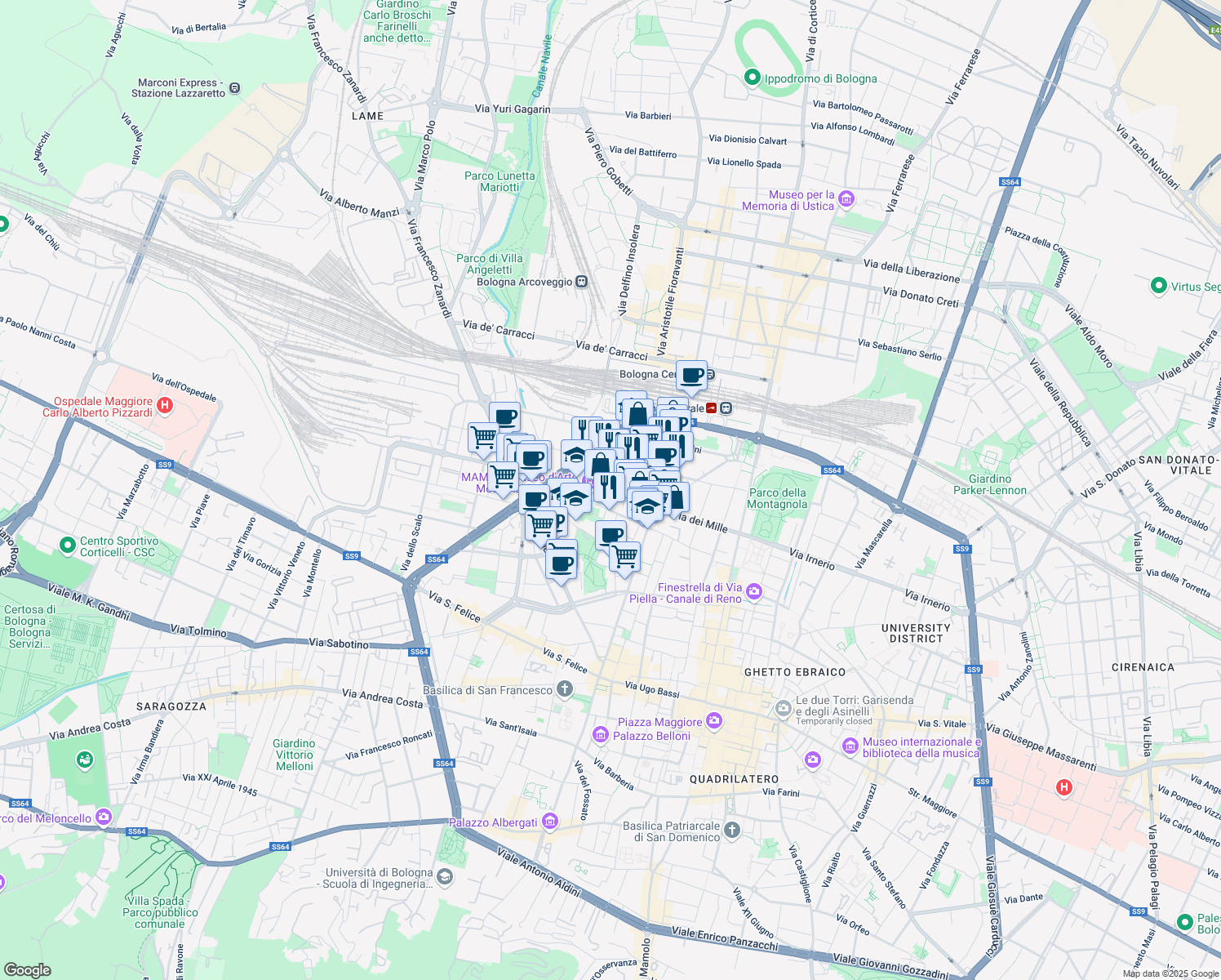map of restaurants, bars, coffee shops, grocery stores, and more near 16 Via Don Giovanni Minzoni in Bologna