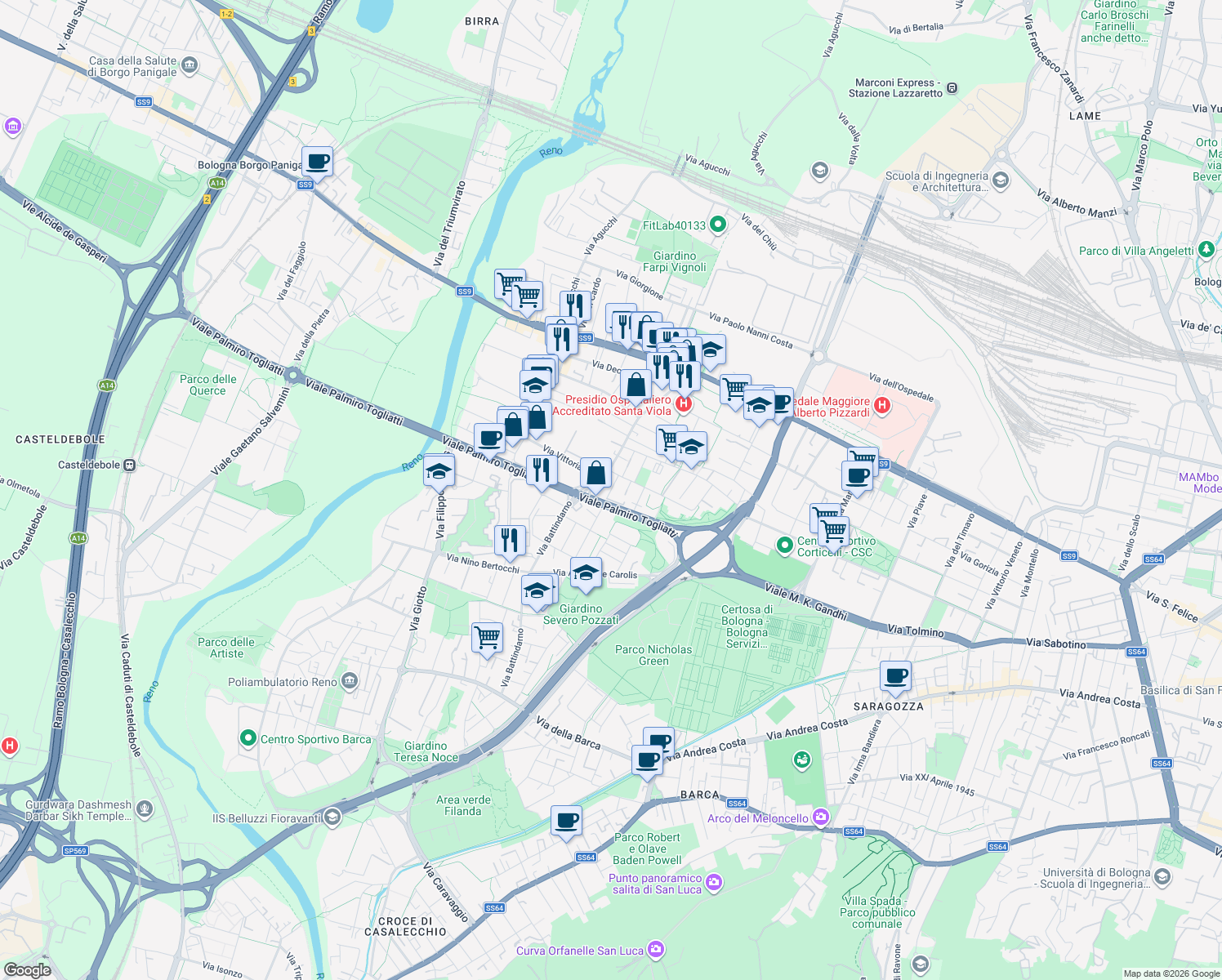 map of restaurants, bars, coffee shops, grocery stores, and more near 194-216 Via Battindarno in Bologna