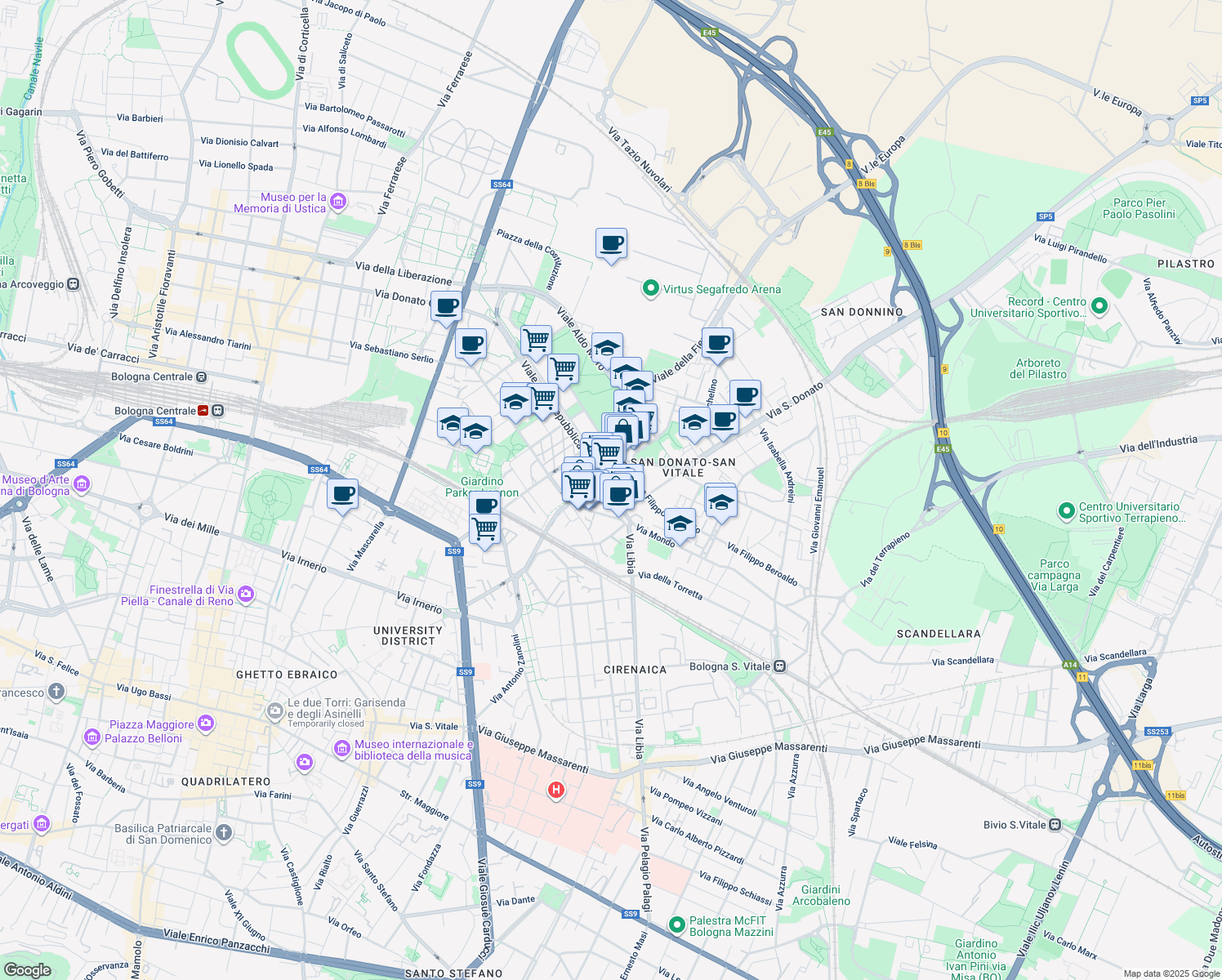 map of restaurants, bars, coffee shops, grocery stores, and more near 2 Via Ermanno Galeotti in Bologna