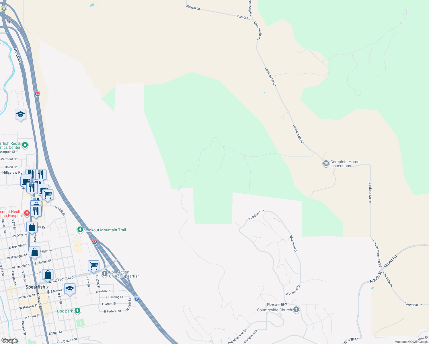 map of restaurants, bars, coffee shops, grocery stores, and more near 2219 Lookout Vista Road in Spearfish