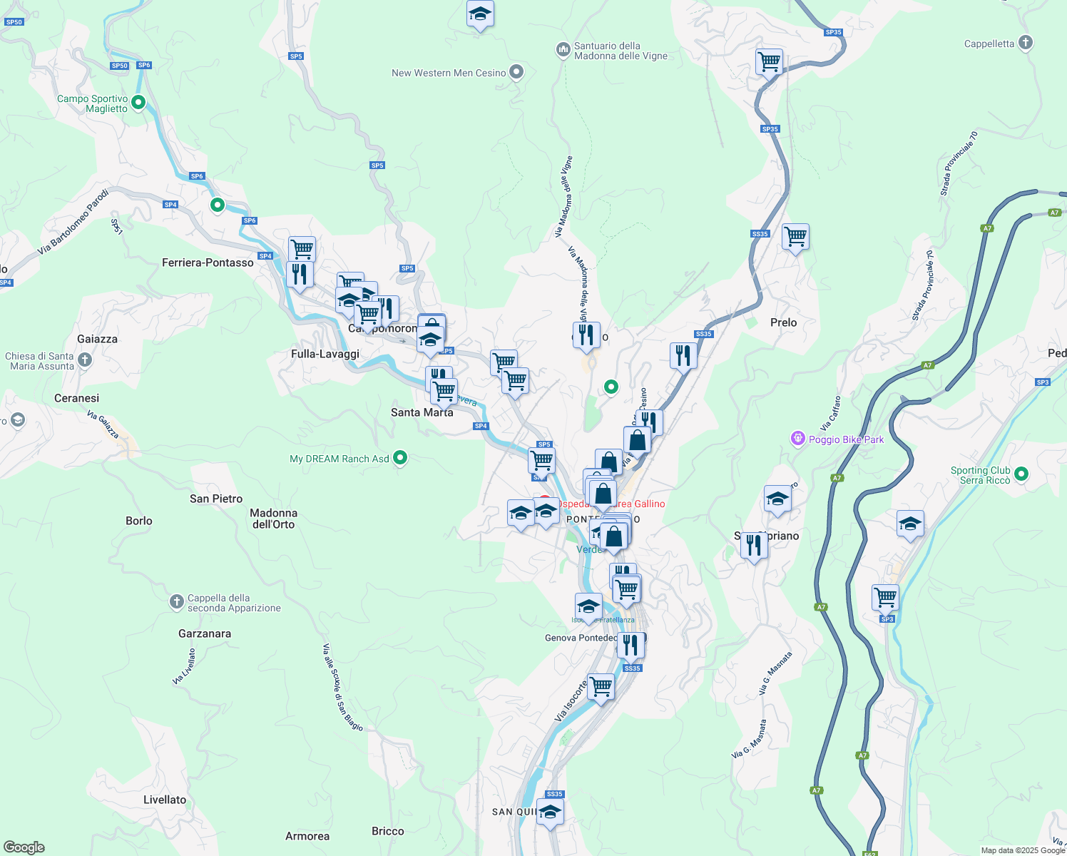 map of restaurants, bars, coffee shops, grocery stores, and more near 37 SP5 in Genova