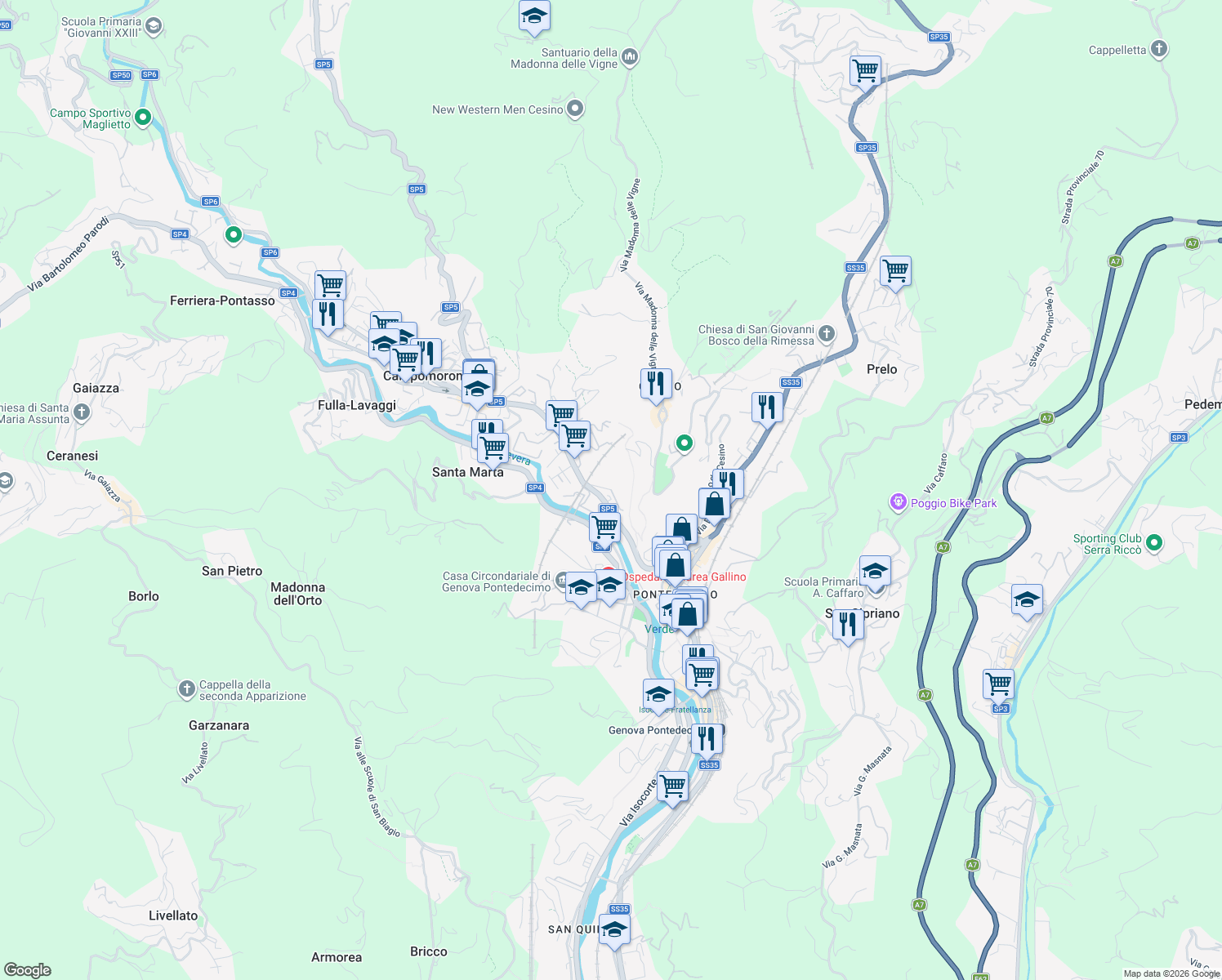 map of restaurants, bars, coffee shops, grocery stores, and more near 37 Strada Provinciale 5 in Genova