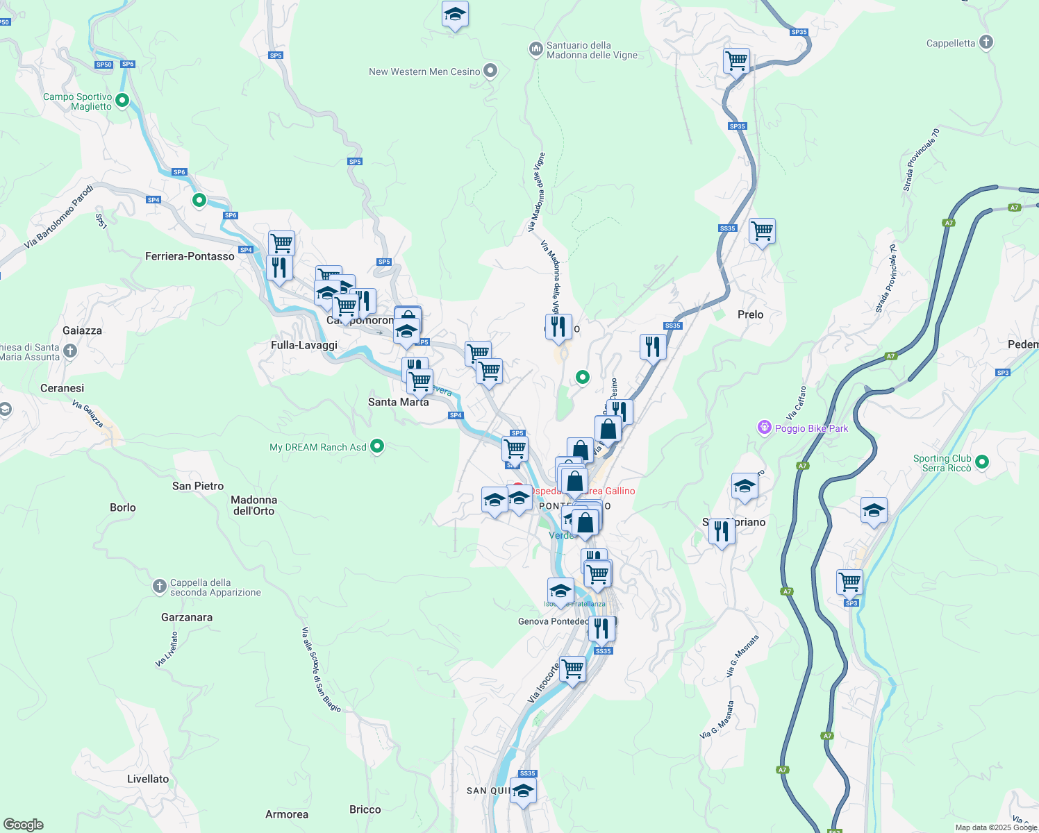 map of restaurants, bars, coffee shops, grocery stores, and more near 37 Strada Provinciale 5 in Genova