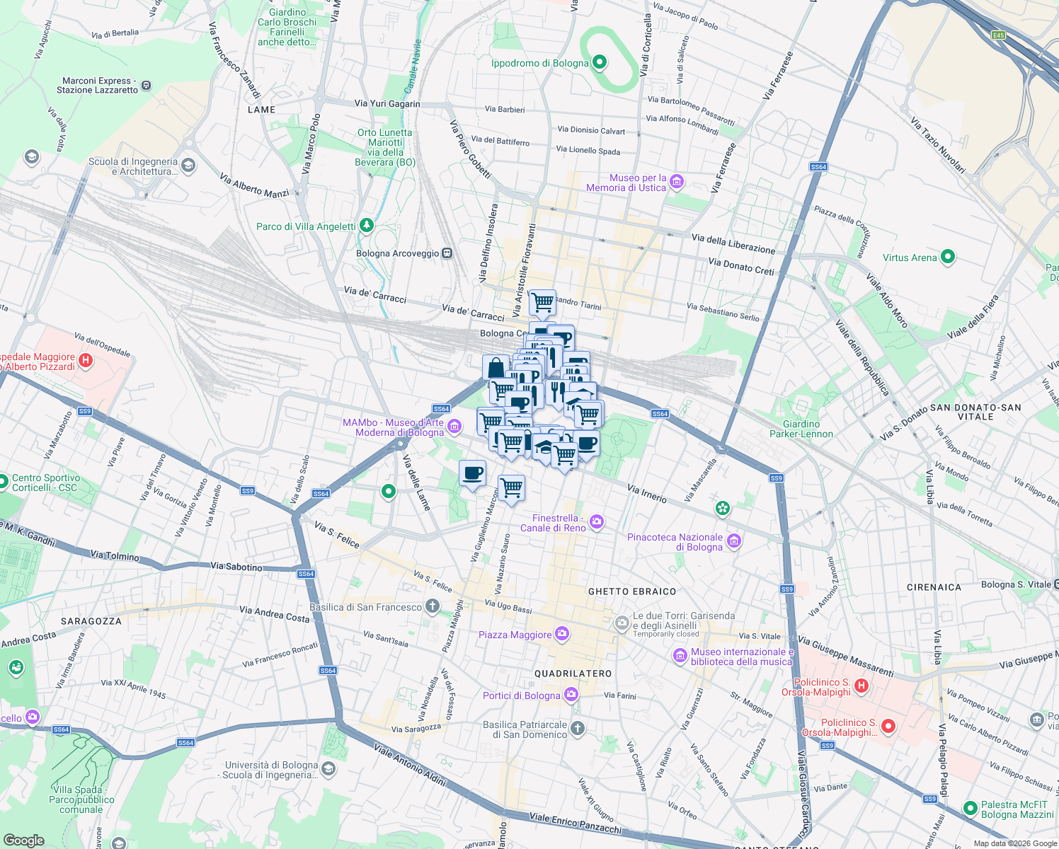 map of restaurants, bars, coffee shops, grocery stores, and more near 12 Via Milazzo in Bologna