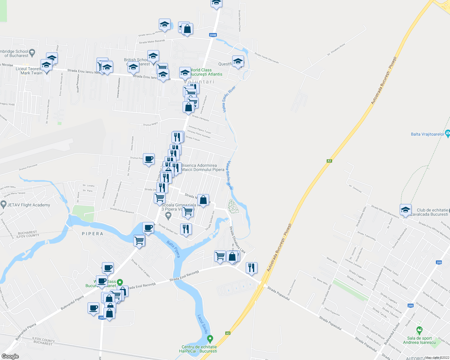 map of restaurants, bars, coffee shops, grocery stores, and more near 50 Strada Constantin Pritopescu in Voluntari