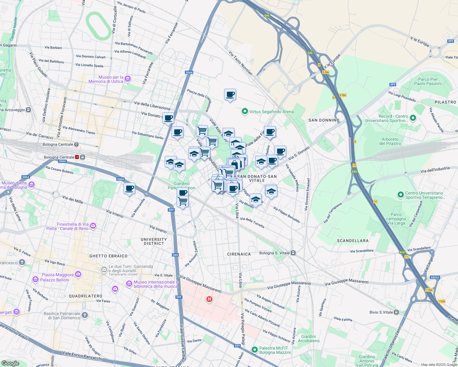 map of restaurants, bars, coffee shops, grocery stores, and more near 2 Via Ermanno Galeotti in Bologna