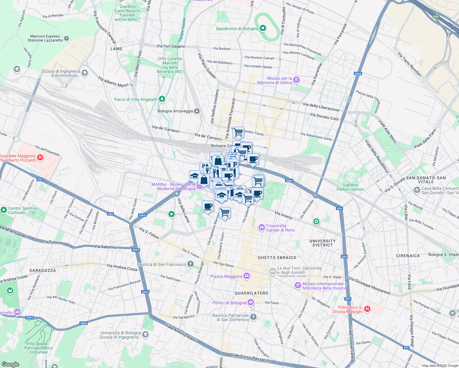 map of restaurants, bars, coffee shops, grocery stores, and more near 12 Via Milazzo in Bologna
