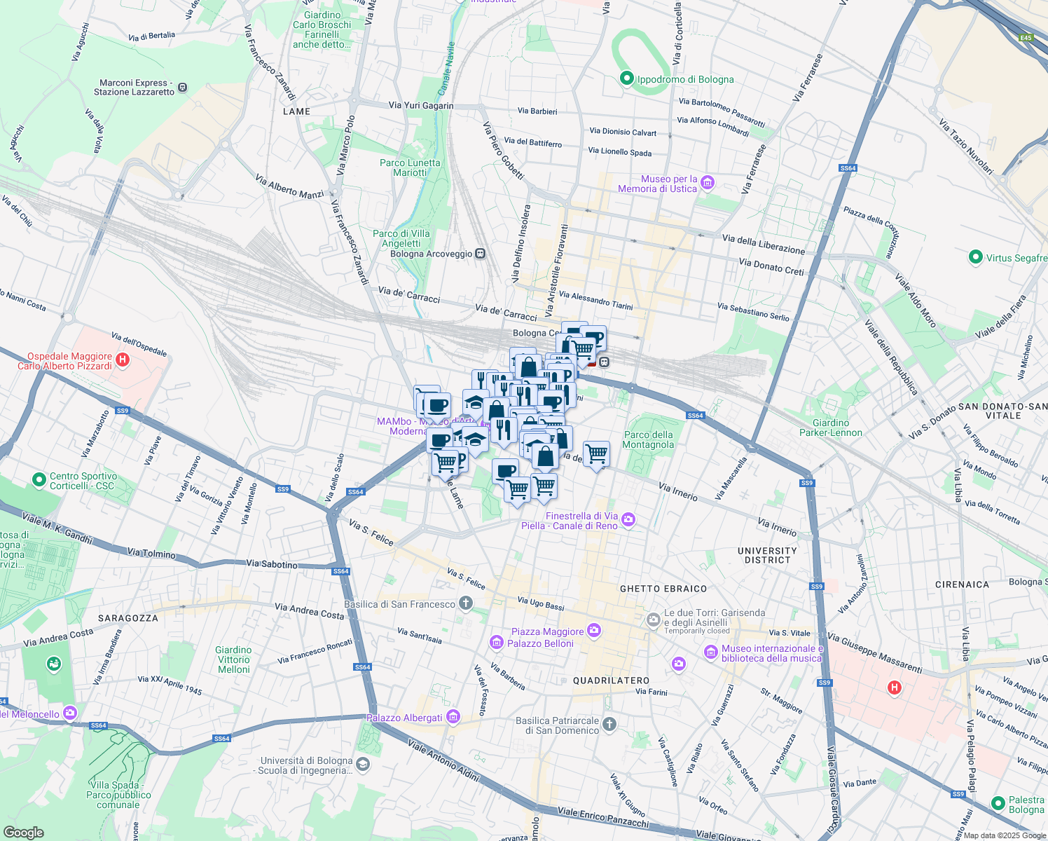 map of restaurants, bars, coffee shops, grocery stores, and more near 16 Via Cairoli Fratelli in Bologna