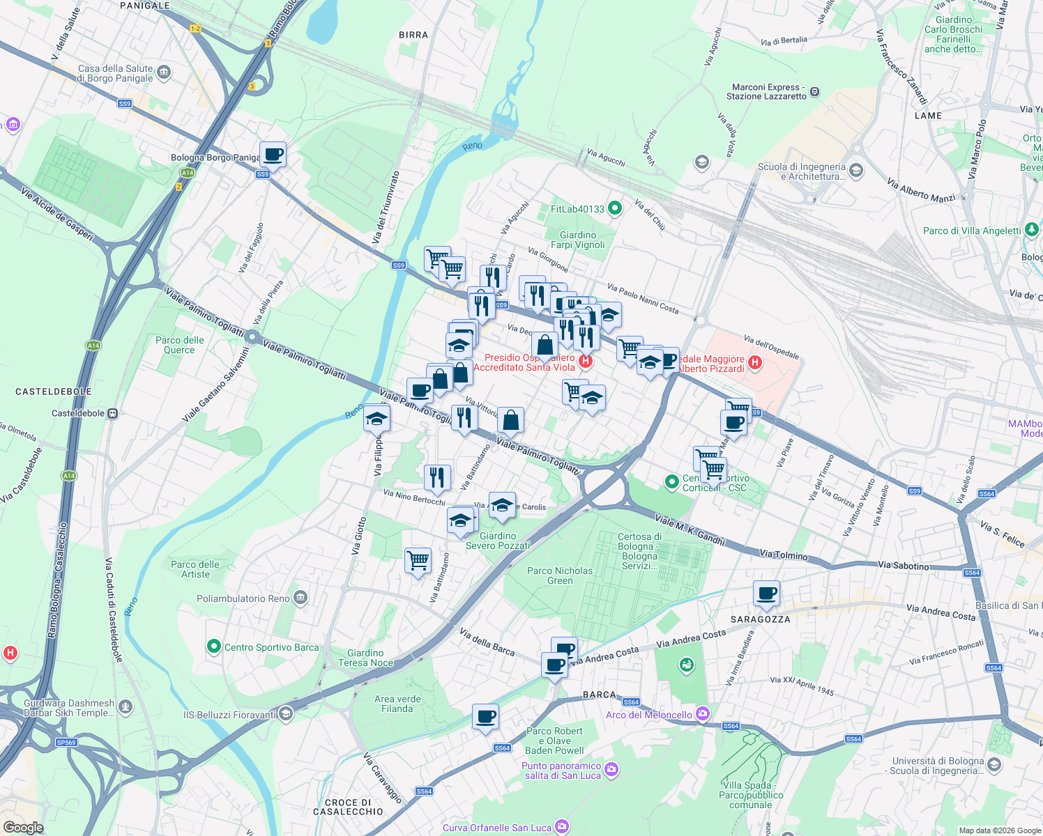 map of restaurants, bars, coffee shops, grocery stores, and more near 216 Via Battindarno in Bologna
