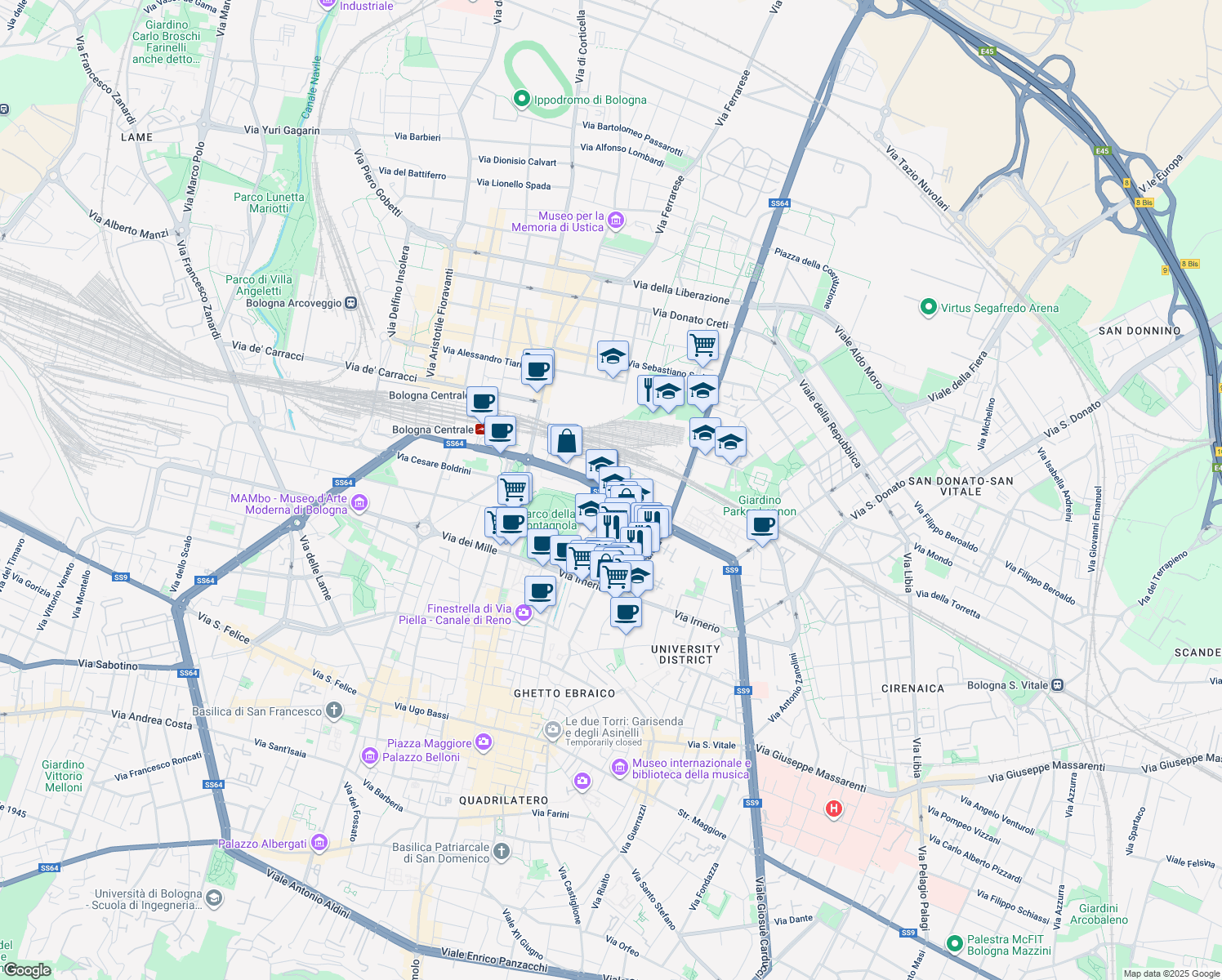 map of restaurants, bars, coffee shops, grocery stores, and more near 26 Viale Angelo Masini in Bologna