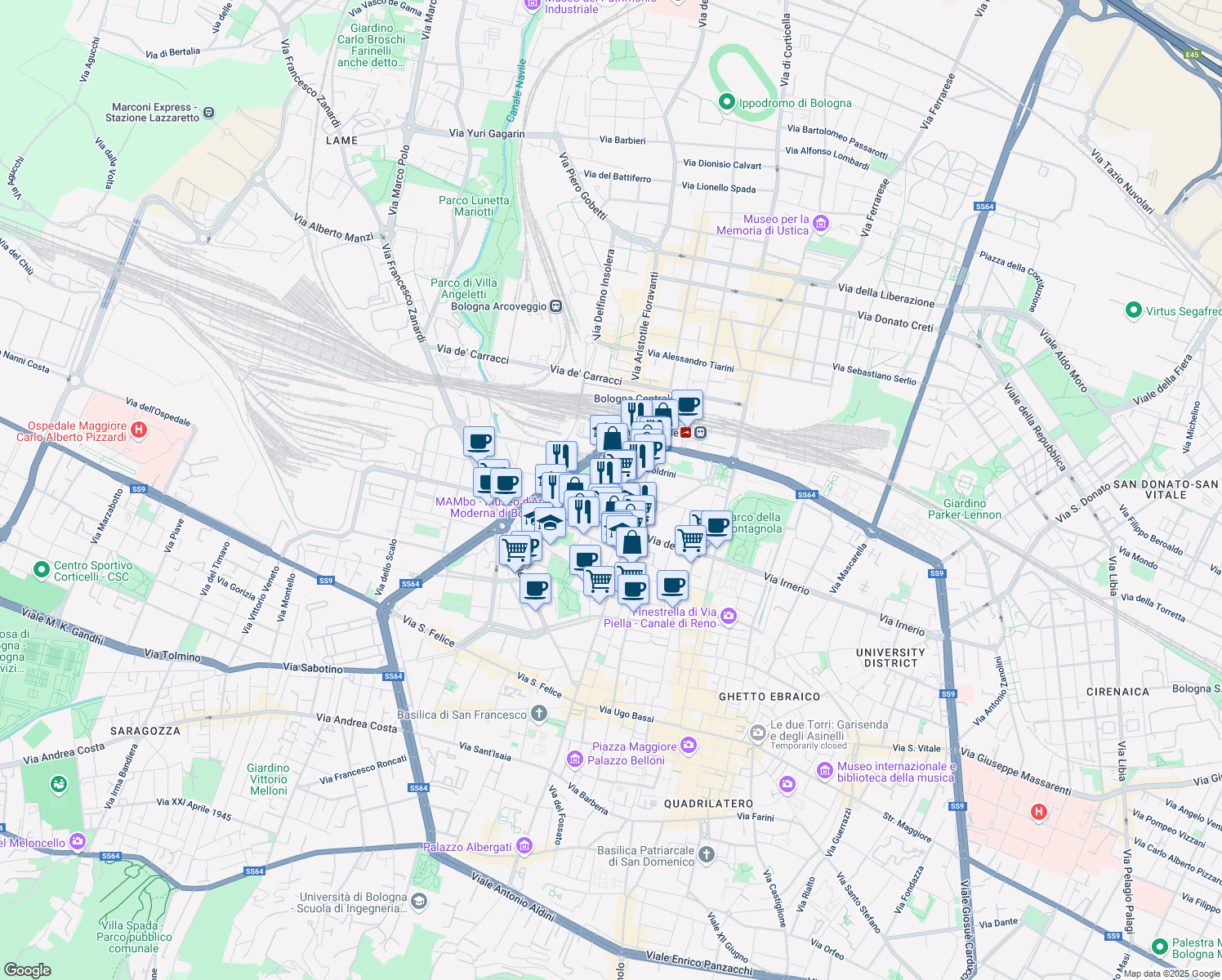 map of restaurants, bars, coffee shops, grocery stores, and more near 16 Via Cairoli Fratelli in Bologna