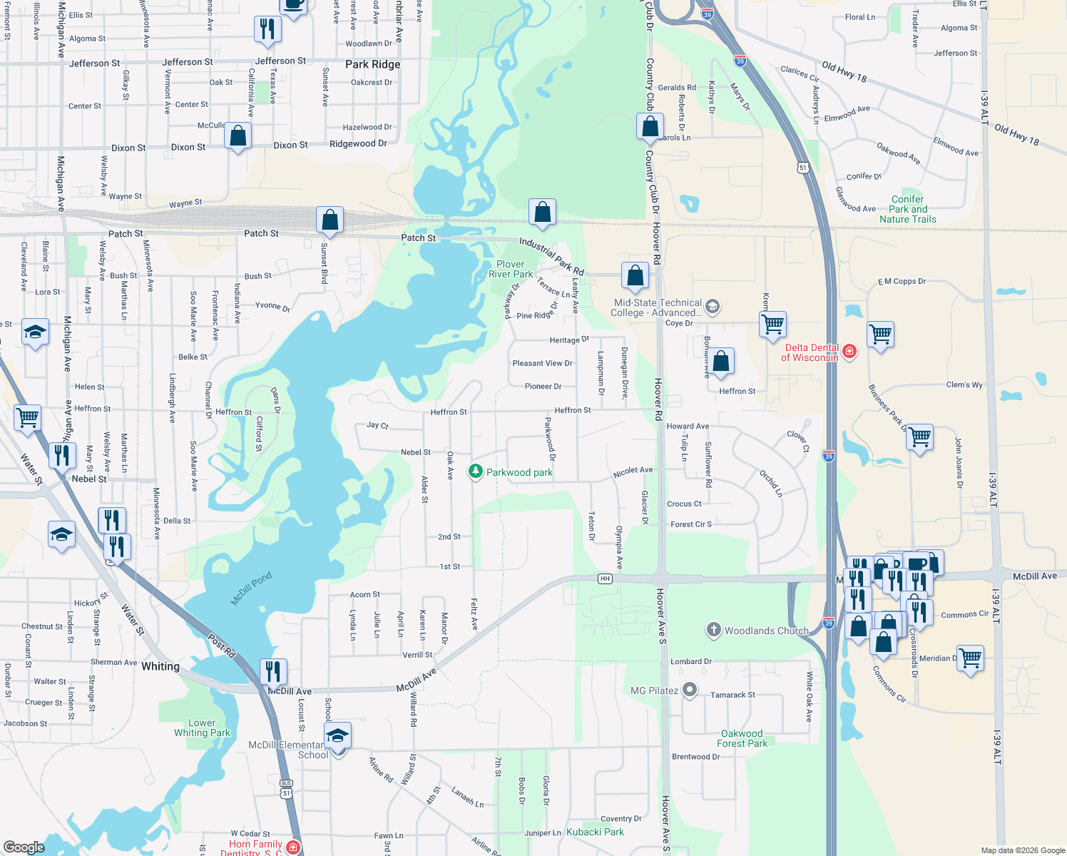 map of restaurants, bars, coffee shops, grocery stores, and more near 4408 Sequoia Dr in Stevens Point