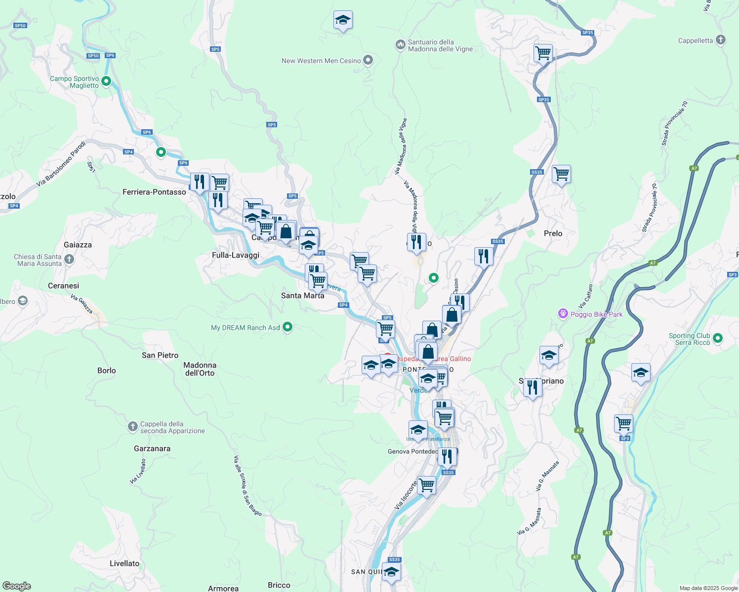 map of restaurants, bars, coffee shops, grocery stores, and more near Passo Pratogagliardo in Genoa