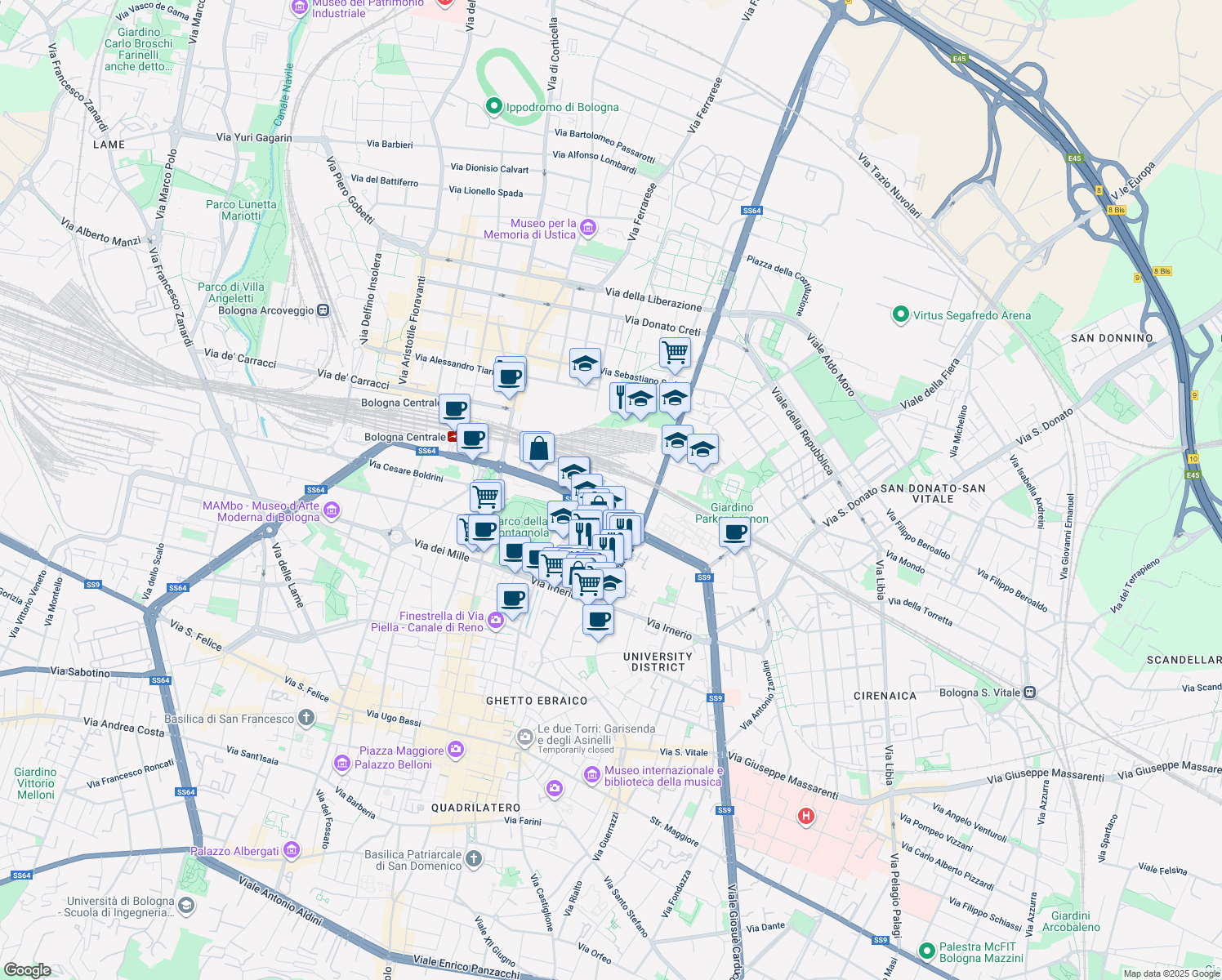 map of restaurants, bars, coffee shops, grocery stores, and more near 24-26 Viale Angelo Masini in Bologna