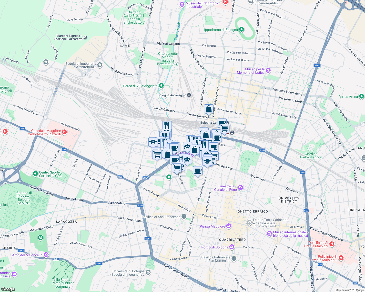 map of restaurants, bars, coffee shops, grocery stores, and more near 19 Via Paolo Bovi Campeggi in Bologna