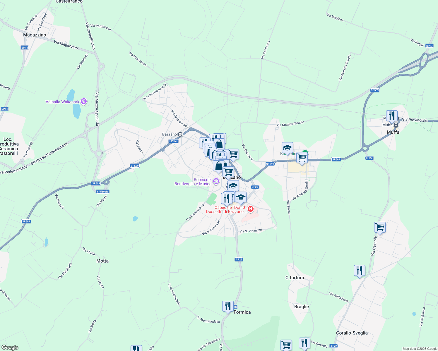 map of restaurants, bars, coffee shops, grocery stores, and more near 22 Piazza Giuseppe Garibaldi in Bazzano