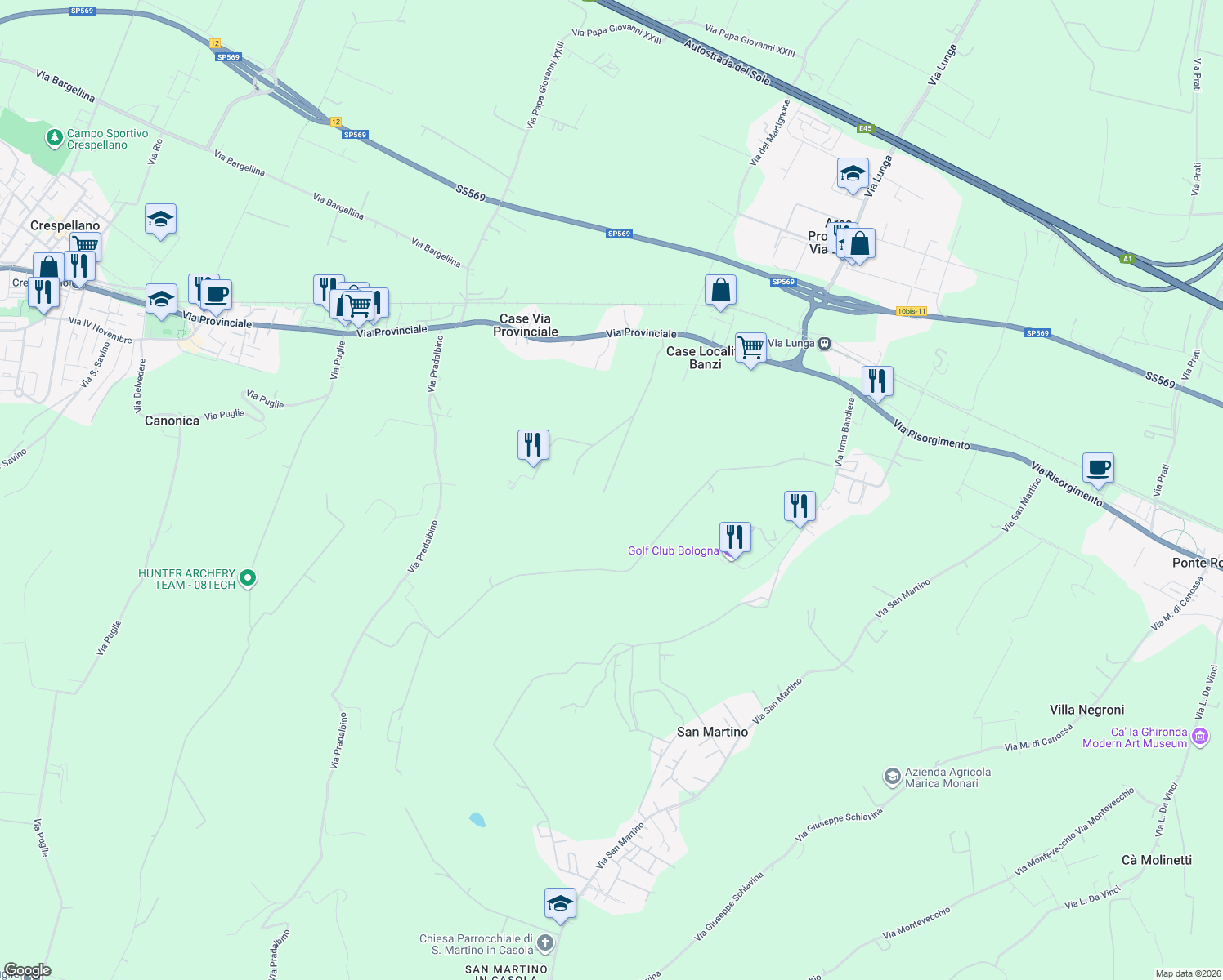 map of restaurants, bars, coffee shops, grocery stores, and more near 56 Via Provinciale in Crespellano