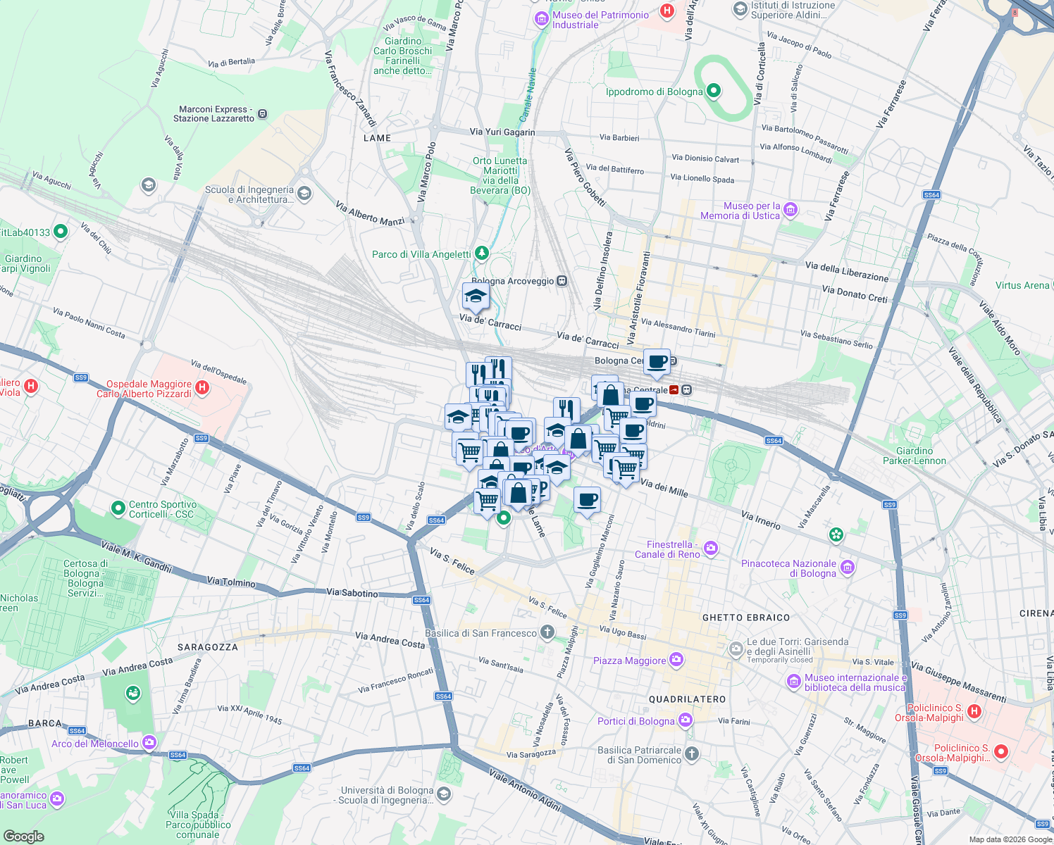 map of restaurants, bars, coffee shops, grocery stores, and more near Via della Bova in Bologna
