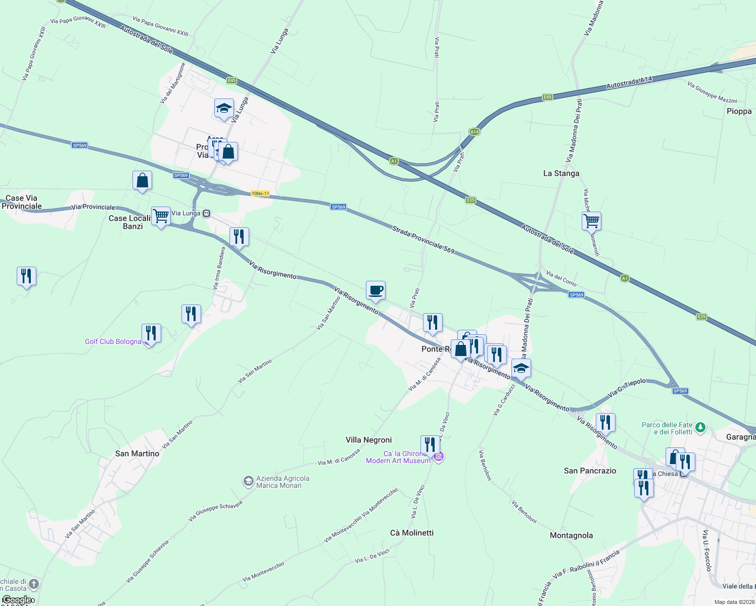 map of restaurants, bars, coffee shops, grocery stores, and more near 3C Via Prati in Ponte Ronca
