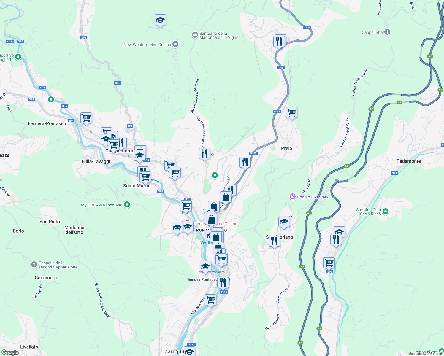 map of restaurants, bars, coffee shops, grocery stores, and more near 32 Via Benedetto da Cesino in Genova