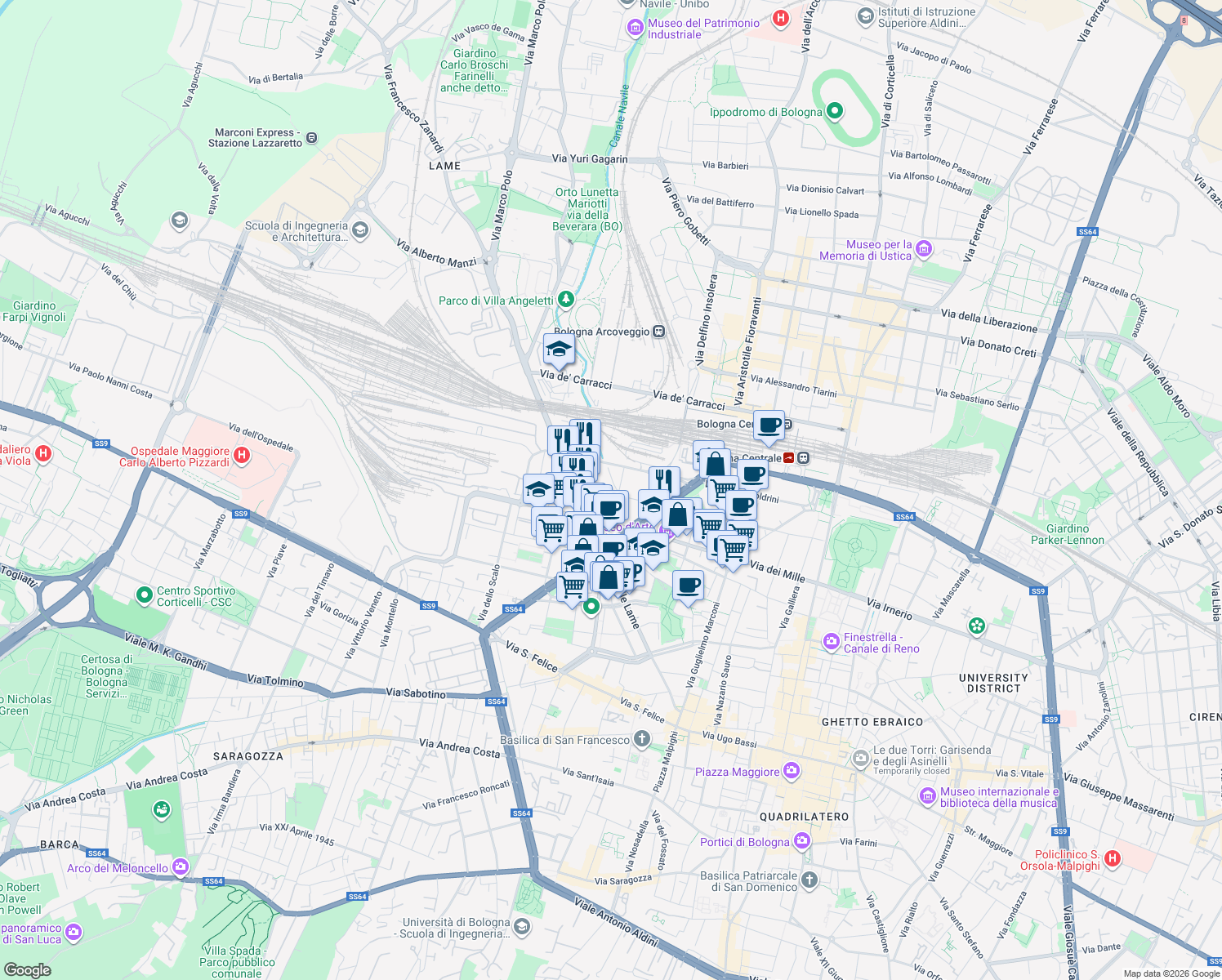 map of restaurants, bars, coffee shops, grocery stores, and more near Via della Bova in Bologna