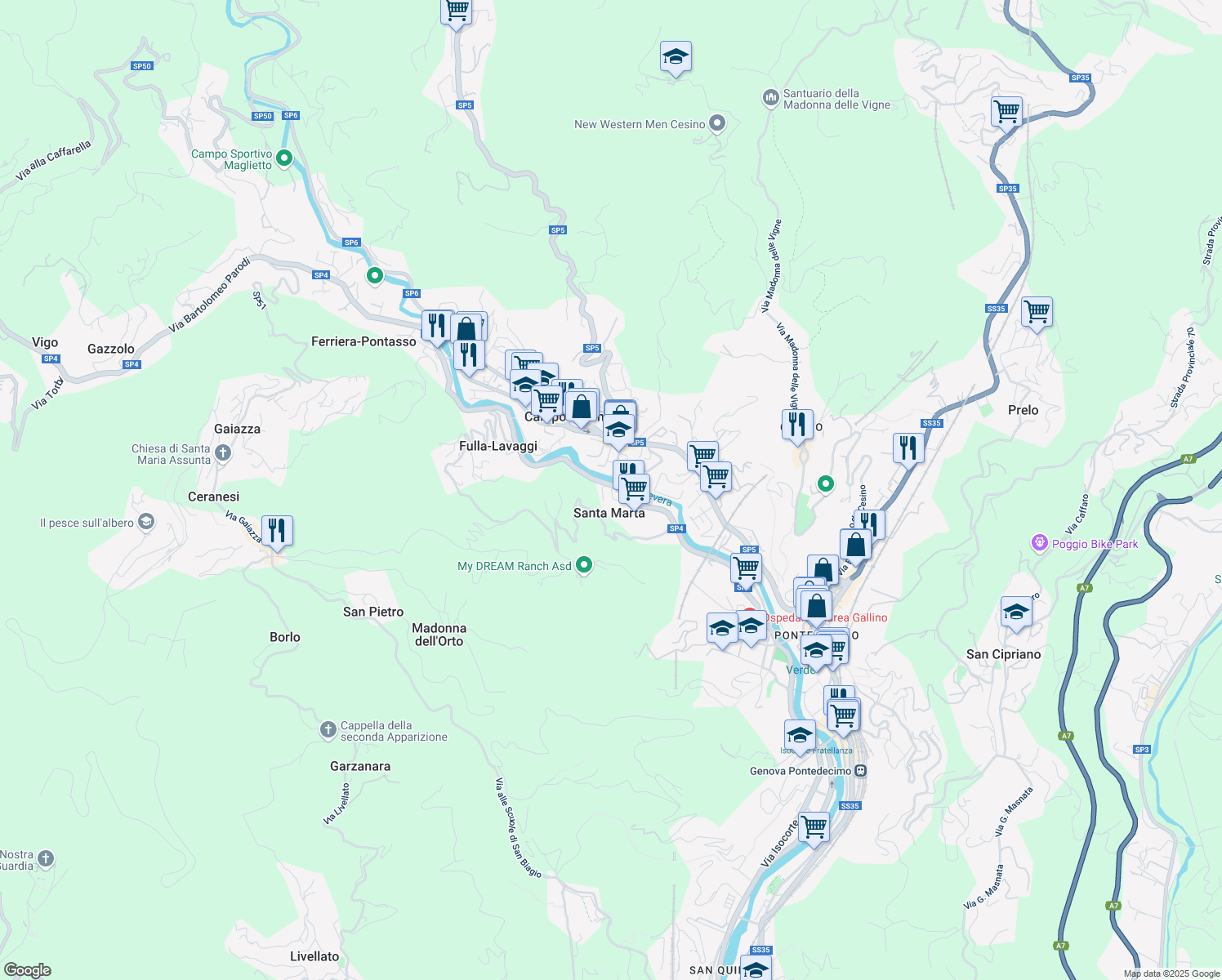 map of restaurants, bars, coffee shops, grocery stores, and more near 9 Via del Molino in Campomorone