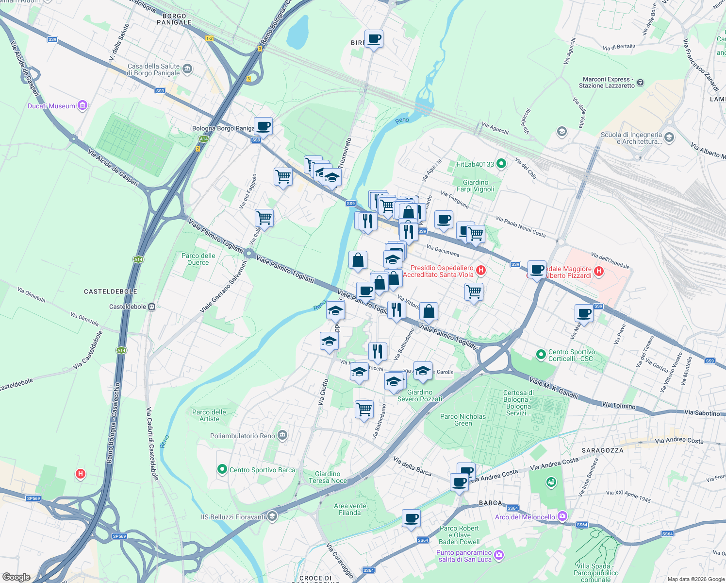 map of restaurants, bars, coffee shops, grocery stores, and more near 27 Via Armando Spadini in Bologna