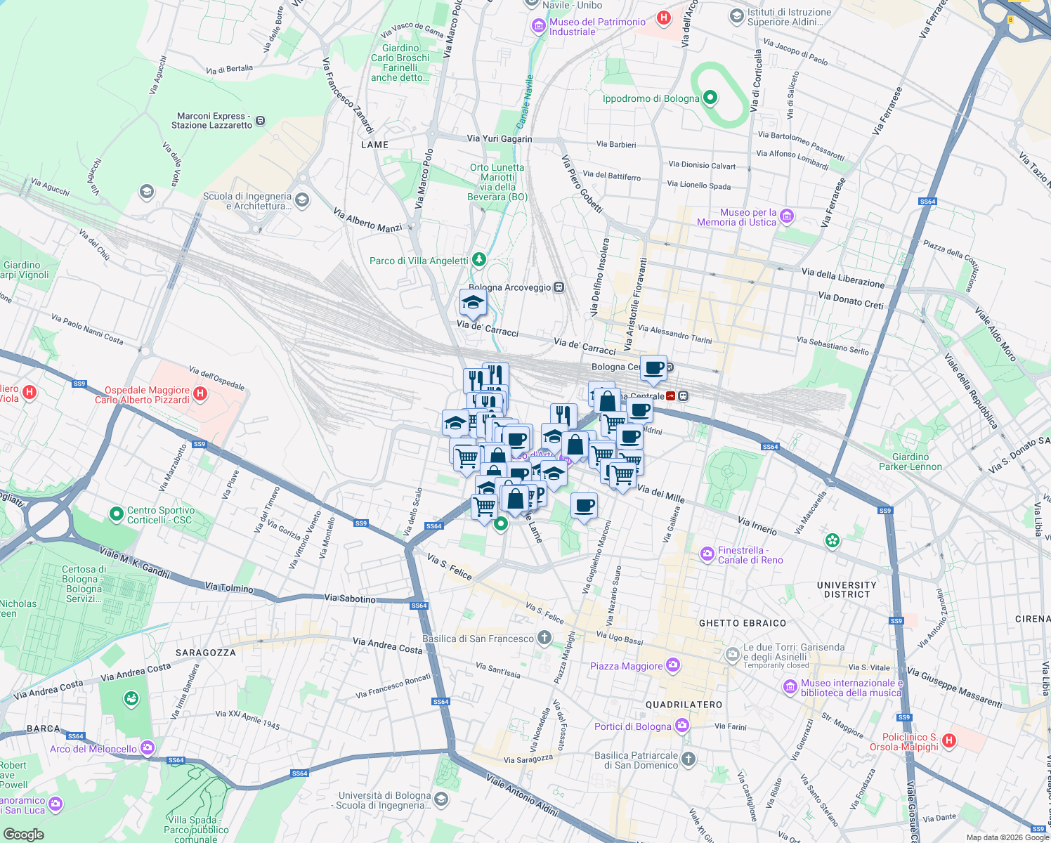 map of restaurants, bars, coffee shops, grocery stores, and more near Via de la Bova in Bologna