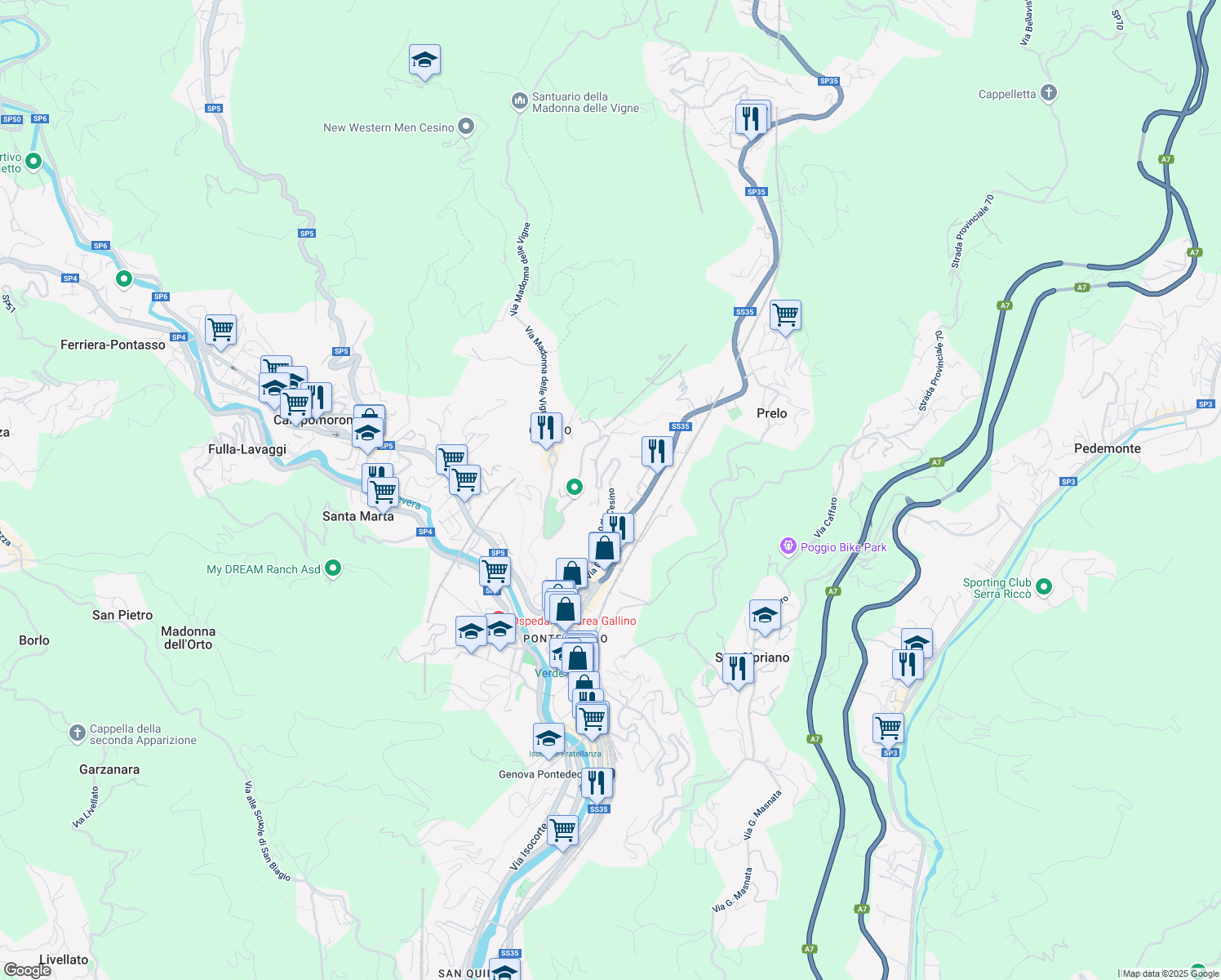 map of restaurants, bars, coffee shops, grocery stores, and more near 32 Via Benedetto da Cesino in Genova