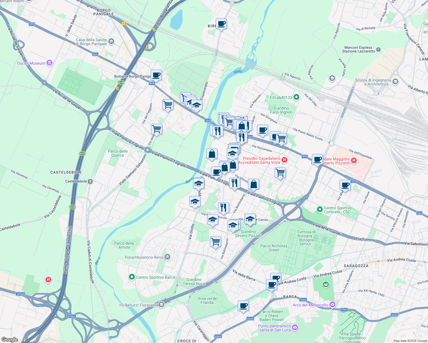 map of restaurants, bars, coffee shops, grocery stores, and more near 27 Via Armando Spadini in Bologna