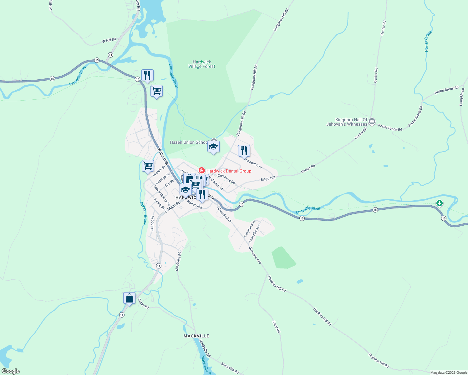 map of restaurants, bars, coffee shops, grocery stores, and more near 73 Maple St in Hardwick
