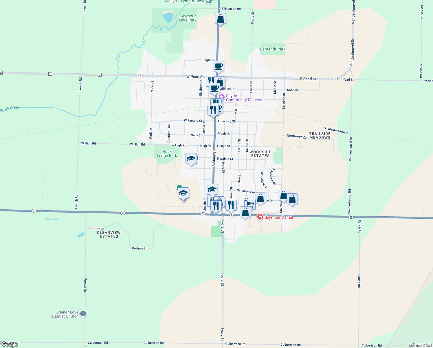map of restaurants, bars, coffee shops, grocery stores, and more near 722 South Main Street in Seymour