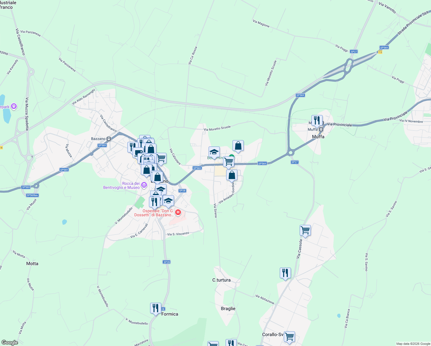 map of restaurants, bars, coffee shops, grocery stores, and more near 12 Via Sirena in Bazzano