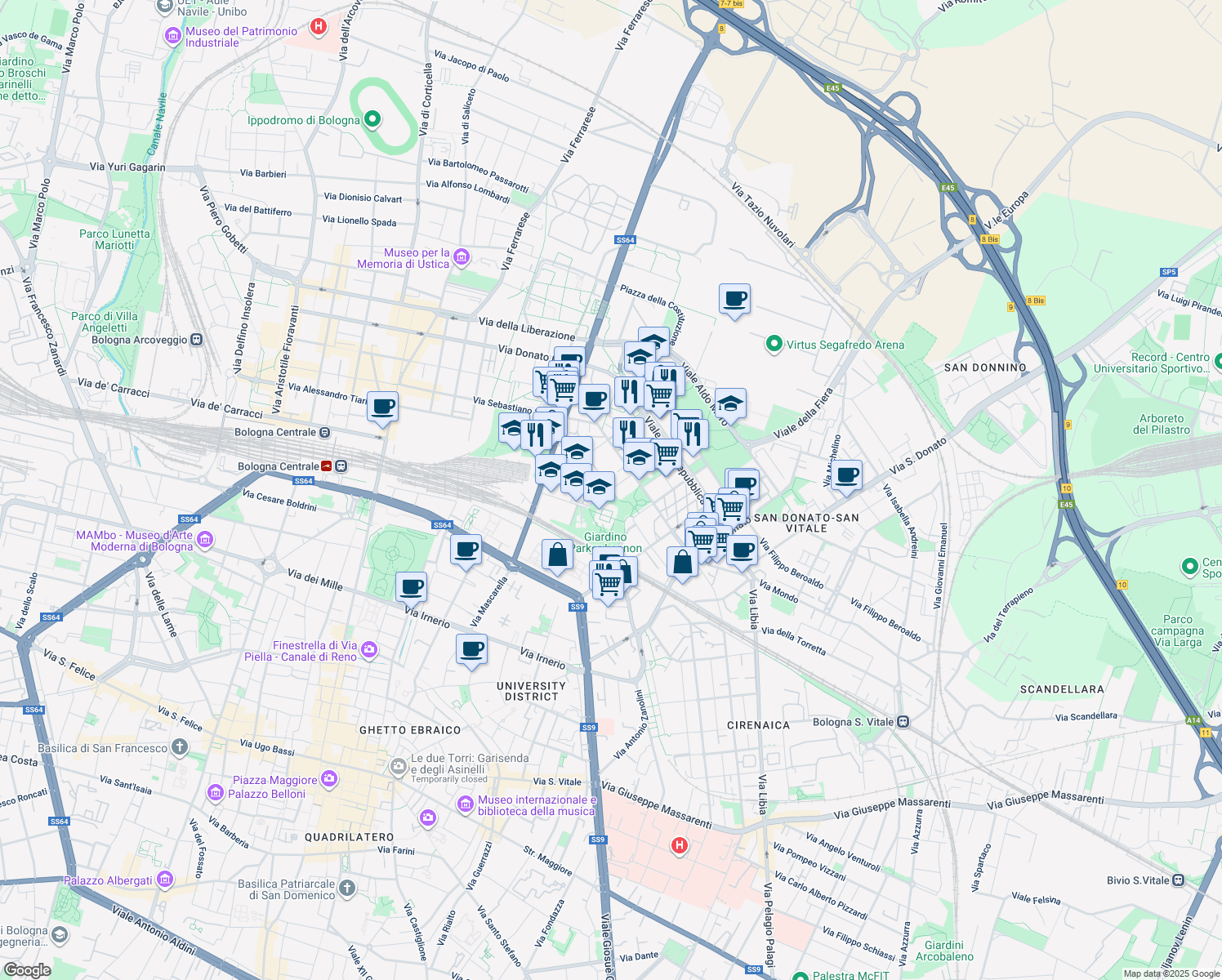 map of restaurants, bars, coffee shops, grocery stores, and more near 7 Via Leopoldo Fregoli in Bologna
