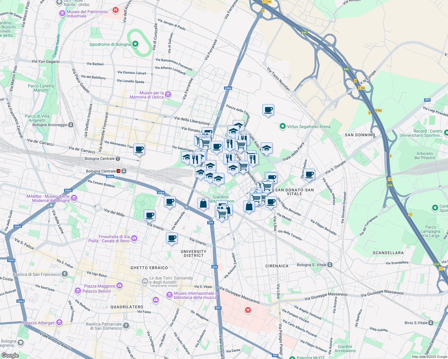 map of restaurants, bars, coffee shops, grocery stores, and more near 7 Via Leopoldo Fregoli in Bologna