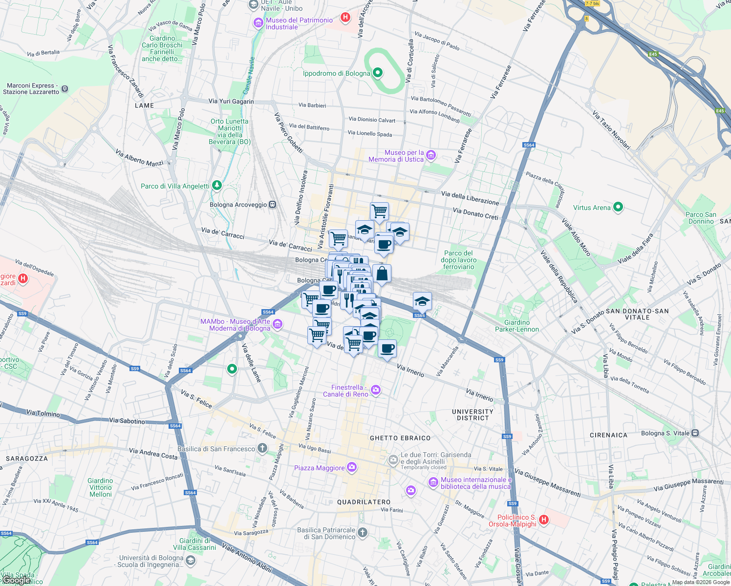 map of restaurants, bars, coffee shops, grocery stores, and more near 7 Galleria II Agosto 1980 in Bologna