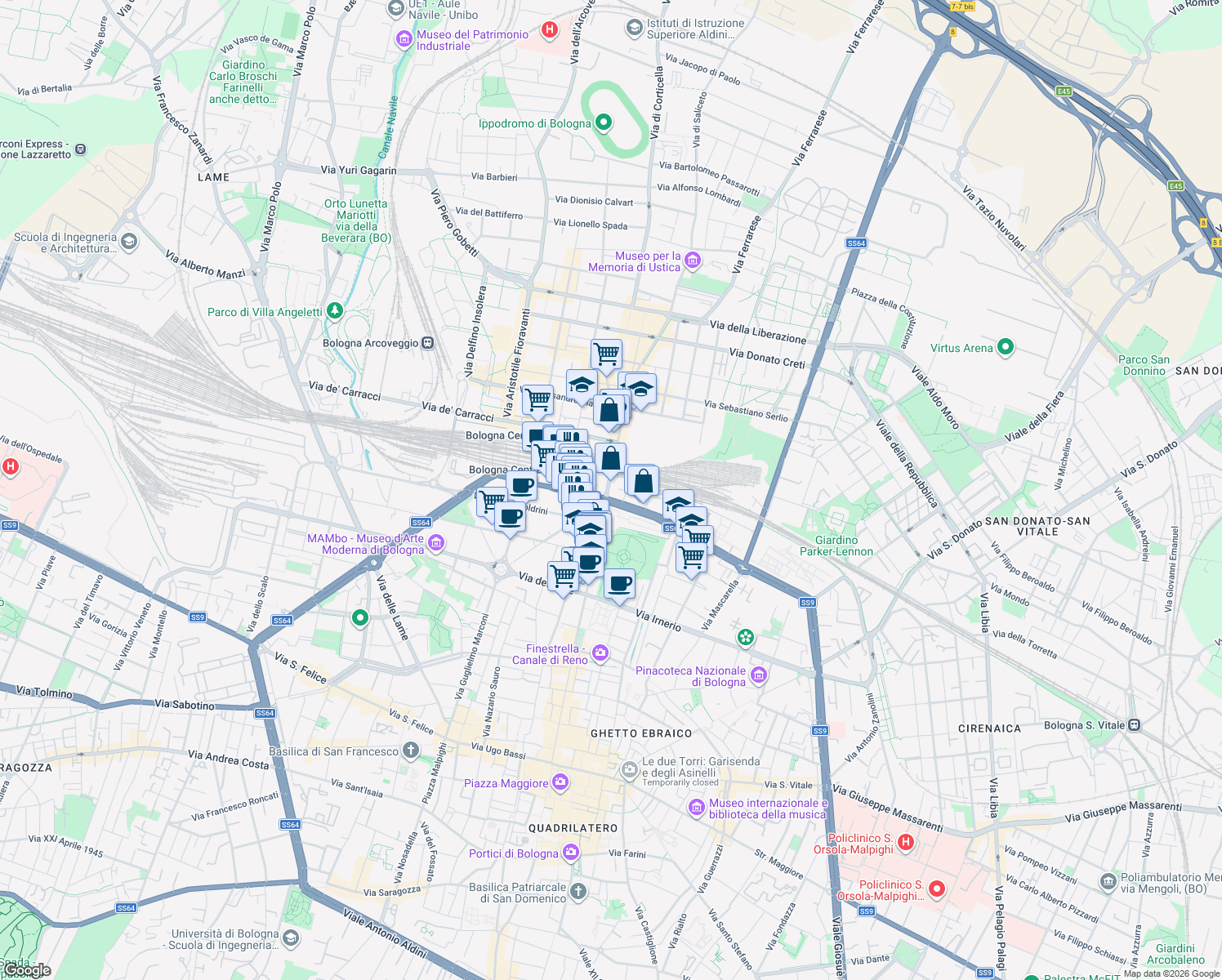 map of restaurants, bars, coffee shops, grocery stores, and more near 3a Via Giacomo Matteotti in Bologna