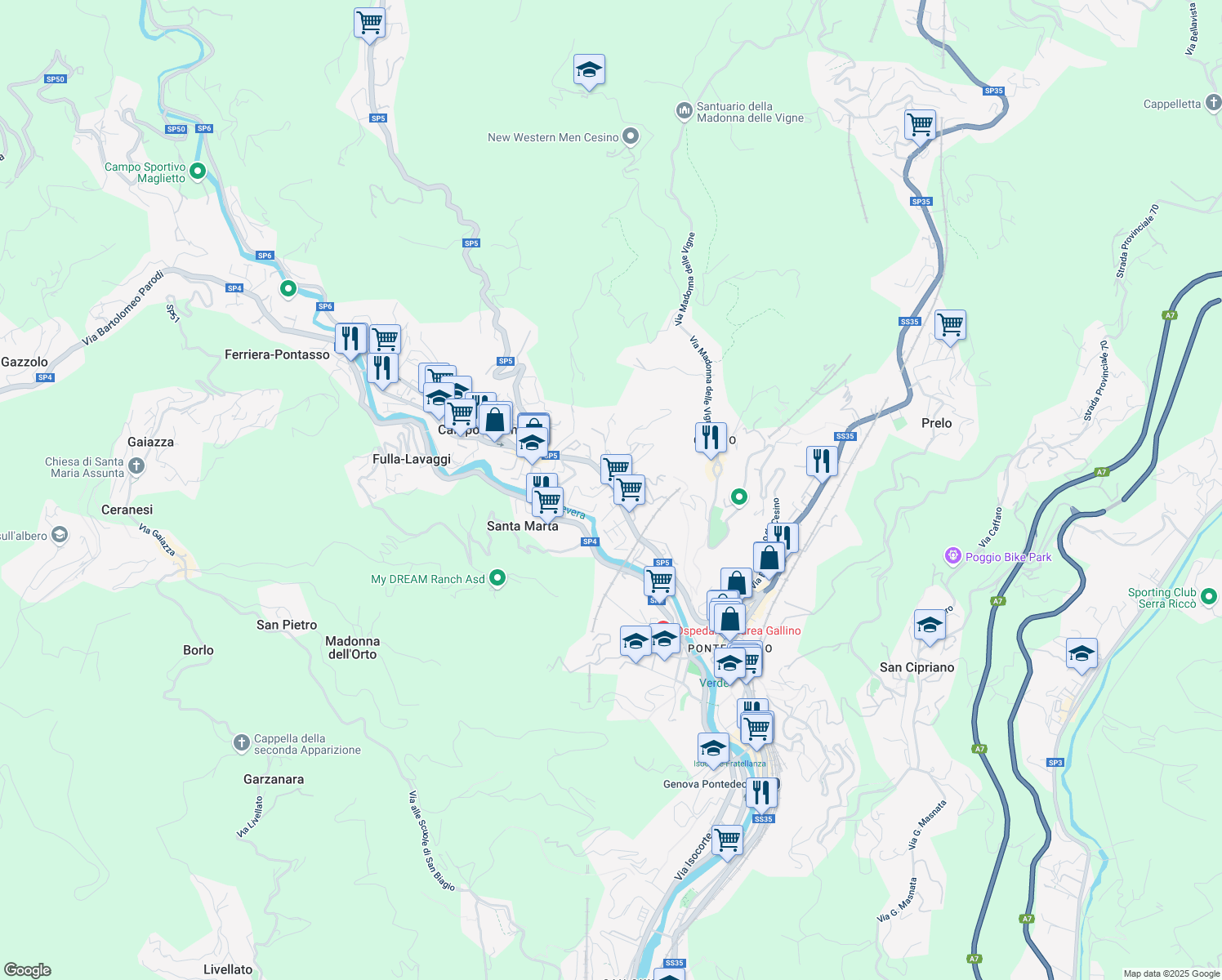 map of restaurants, bars, coffee shops, grocery stores, and more near 38 Via Campomorone in Genova