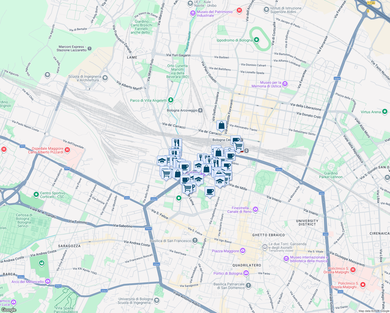 map of restaurants, bars, coffee shops, grocery stores, and more near 19 Via Paolo Bovi Campeggi in Bologna
