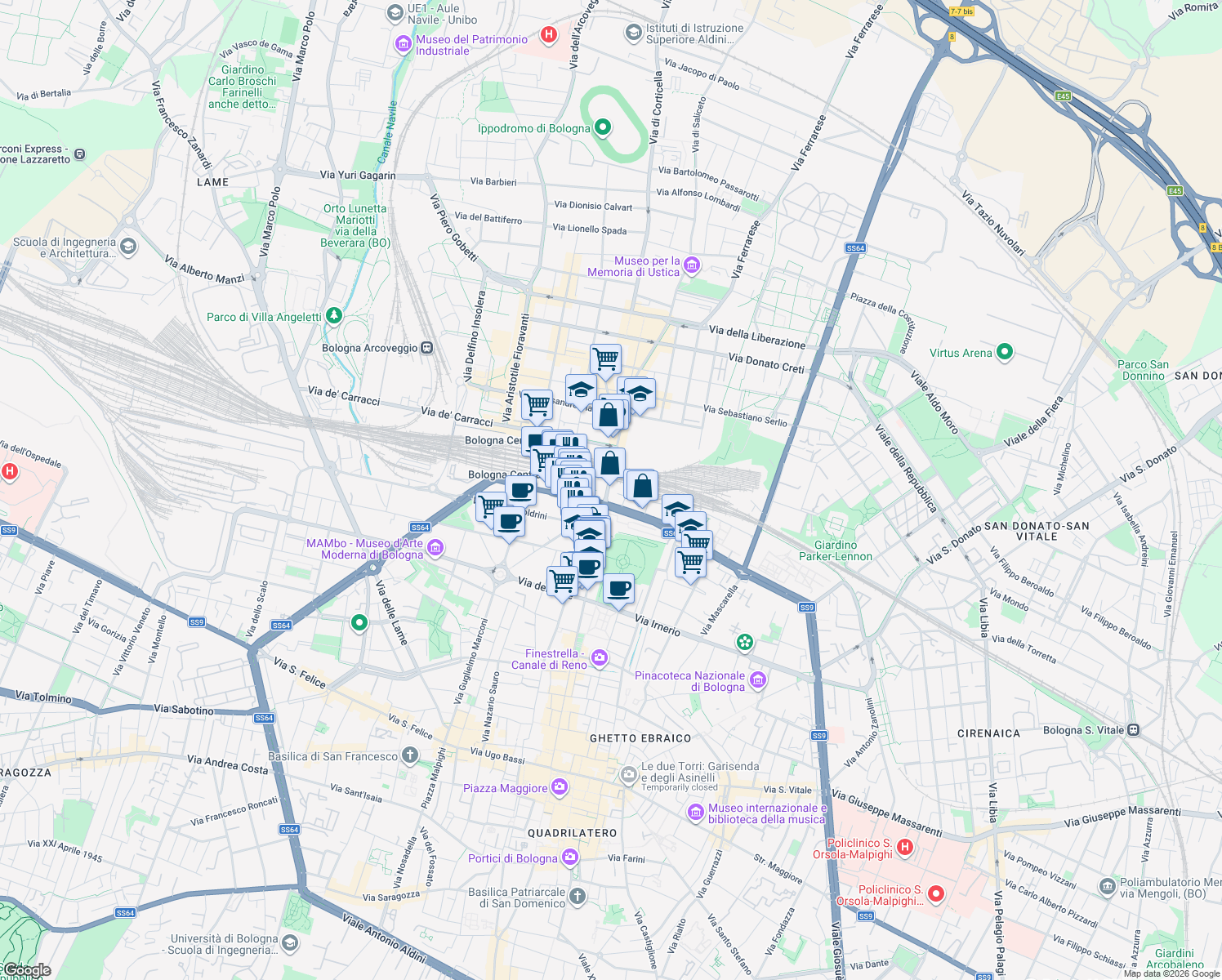 map of restaurants, bars, coffee shops, grocery stores, and more near 3/A Via Giacomo Matteotti in Bologna