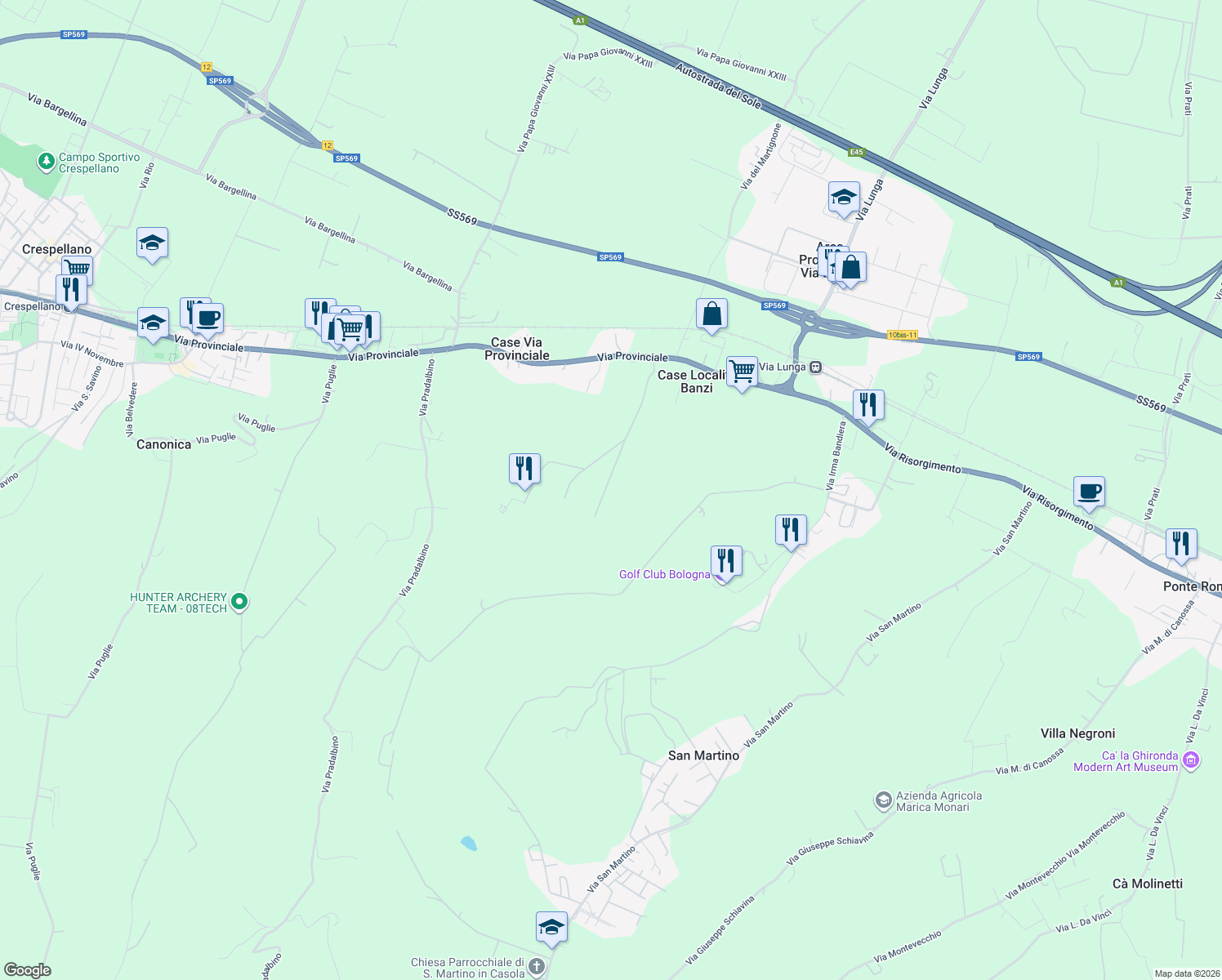 map of restaurants, bars, coffee shops, grocery stores, and more near 56 Via Provinciale in Crespellano