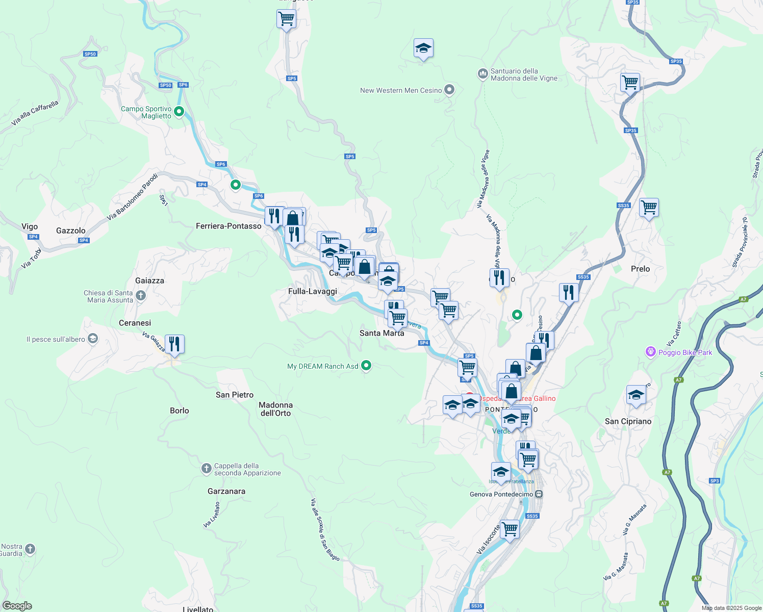 map of restaurants, bars, coffee shops, grocery stores, and more near 9 Via del Molino in Campomorone